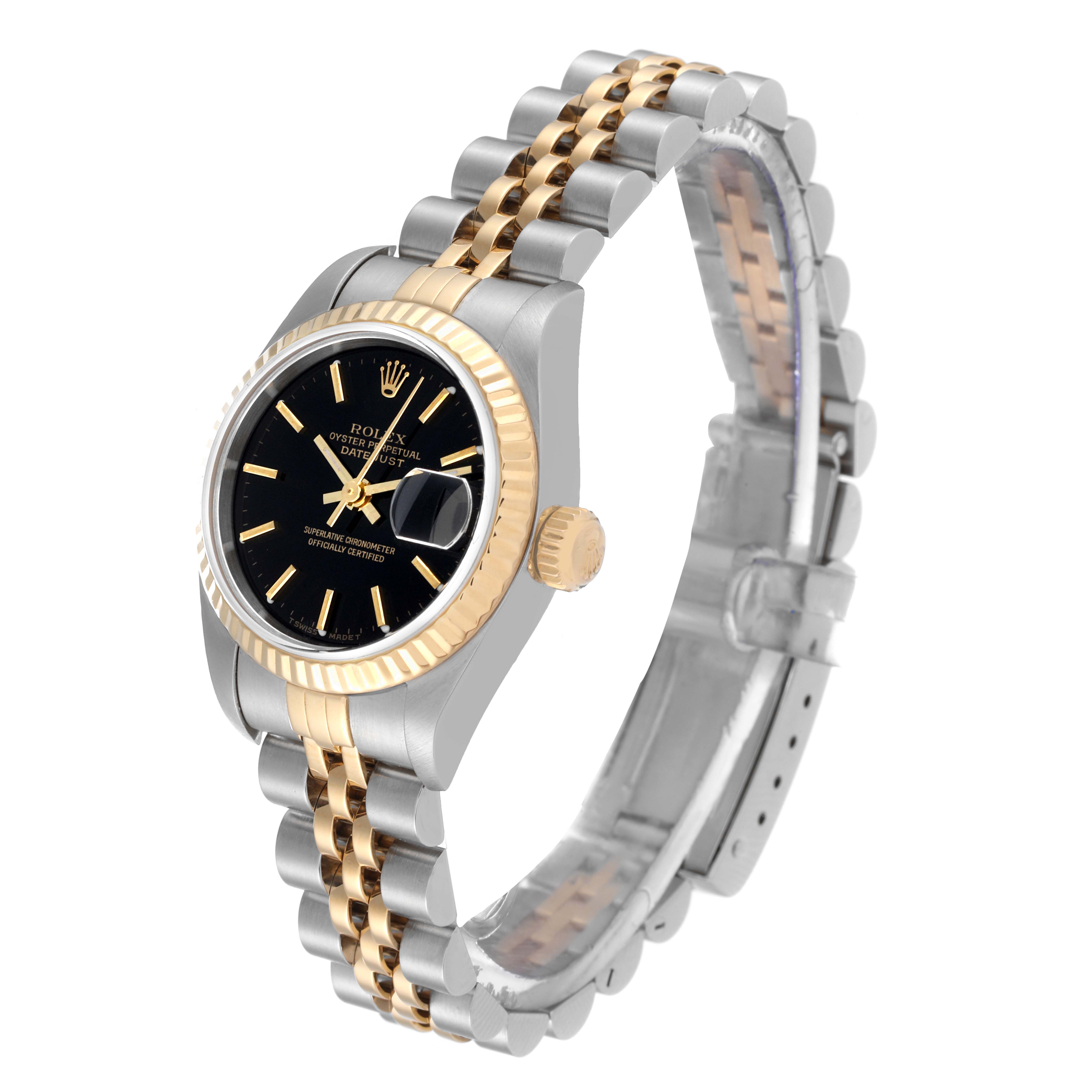 The image shows a Rolex Datejust 79173 Women's Steel and Gold (two tone) Black Dial 79173 Women's Steel and Gold (two tone) Black Dial watch at an angle, displaying the face, bezel, crown, and two-tone bracelet.