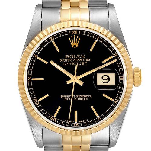 Photo of Rolex Datejust Steel Yellow Gold Black Dial Mens Watch 16233