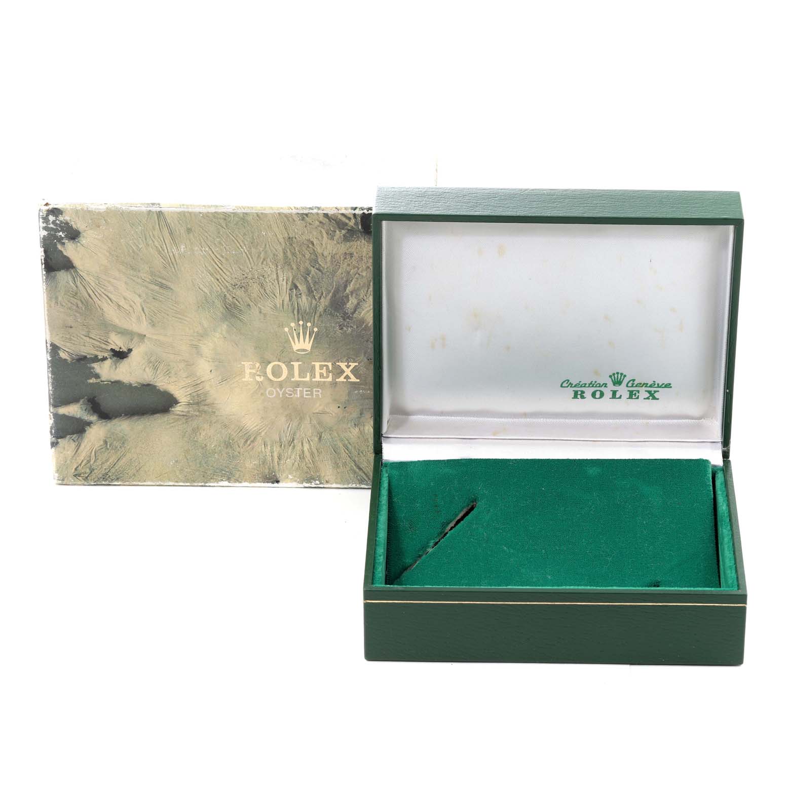 The image shows an open green Rolex Datejust 16233 Men's Steel and Gold (two tone) Black Dial 16233 Men's Steel and Gold (two tone) Black Dial box and its outer design cover, viewed from the front.