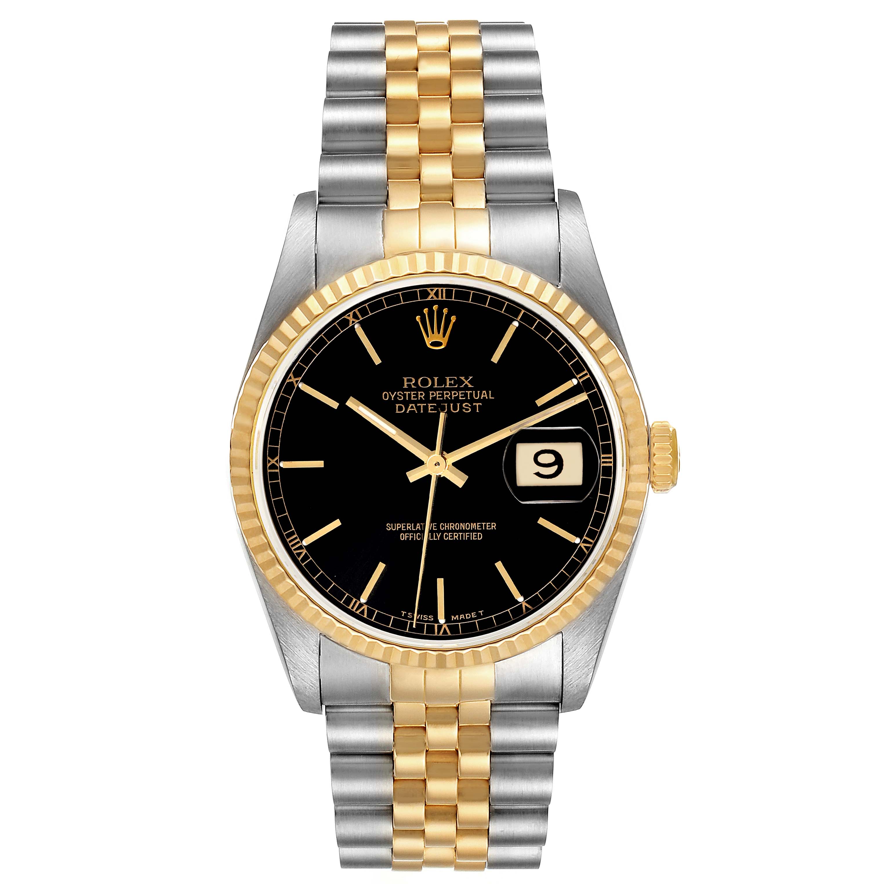 This image shows a front view of a Rolex Datejust 16233 Men's Steel and Gold (two tone) Black Dial 16233 Men's Steel and Gold (two tone) Black Dial watch, highlighting its black dial, gold fluted bezel, and two-tone bracelet.