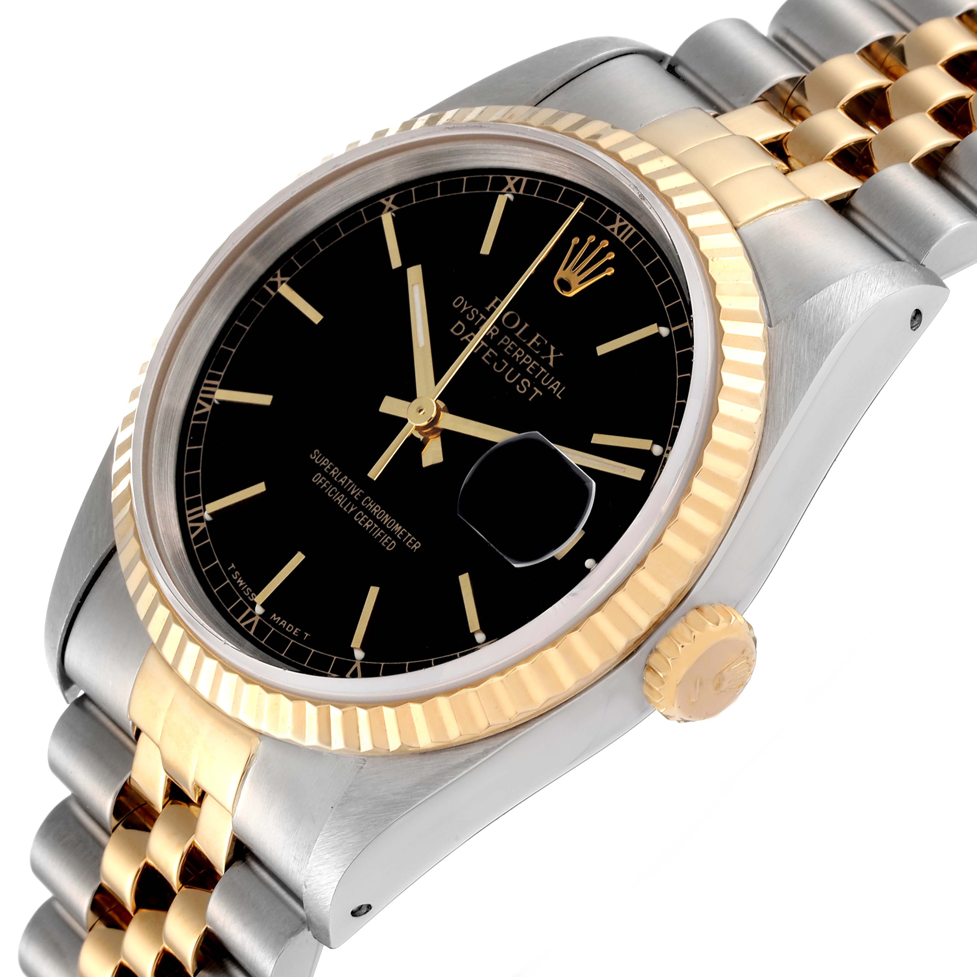 The image shows a close-up view of a Rolex Datejust 16233 Men's Steel and Gold (two tone) Black Dial 16233 Men's Steel and Gold (two tone) Black Dial watch, highlighting its black dial, fluted bezel, crown, and two-tone bracelet.