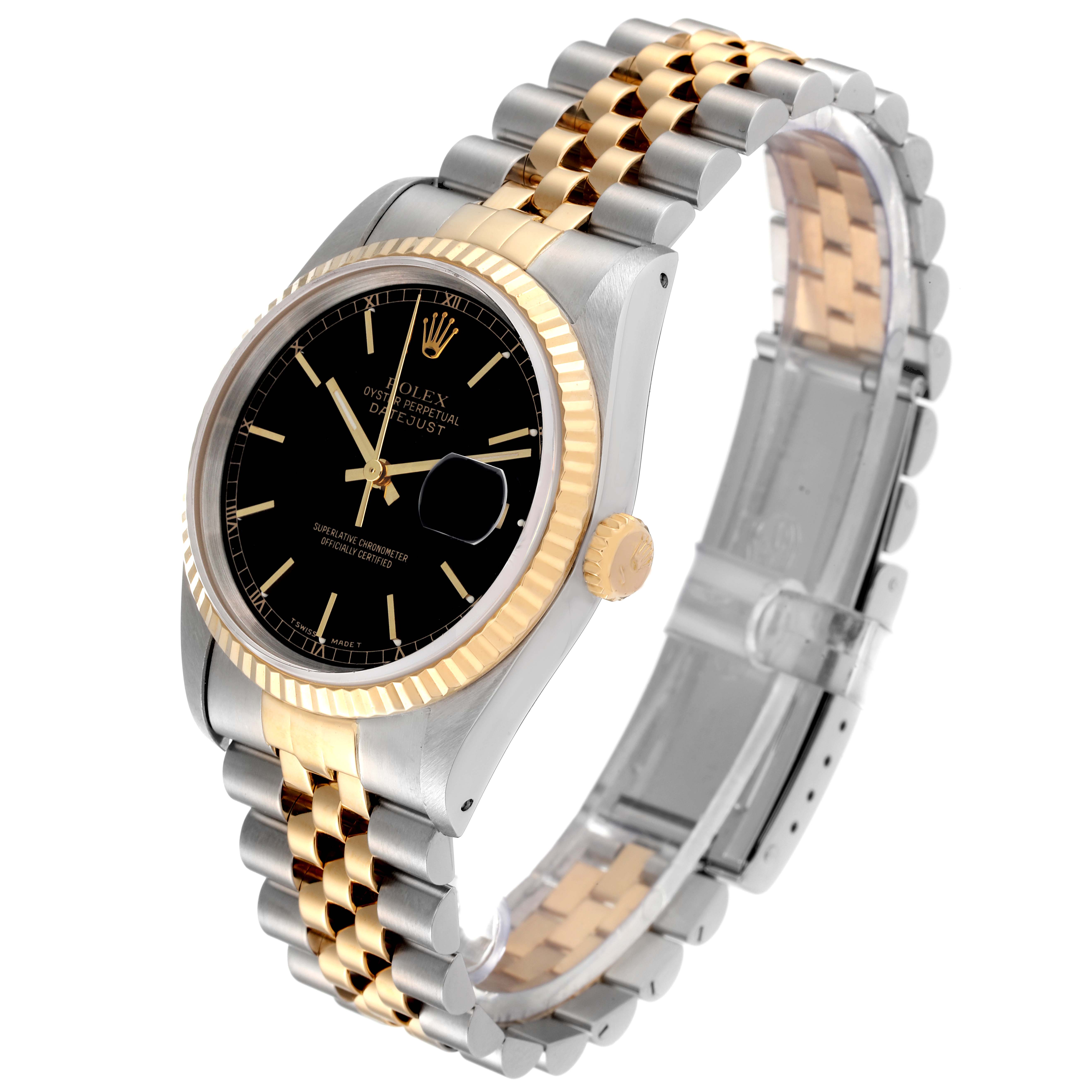 The image shows a Rolex Datejust 16233 Men's Steel and Gold (two tone) Black Dial 16233 Men's Steel and Gold (two tone) Black Dial with a black dial, gold bezel, two-tone jubilee bracelet, and the crown on the right side.