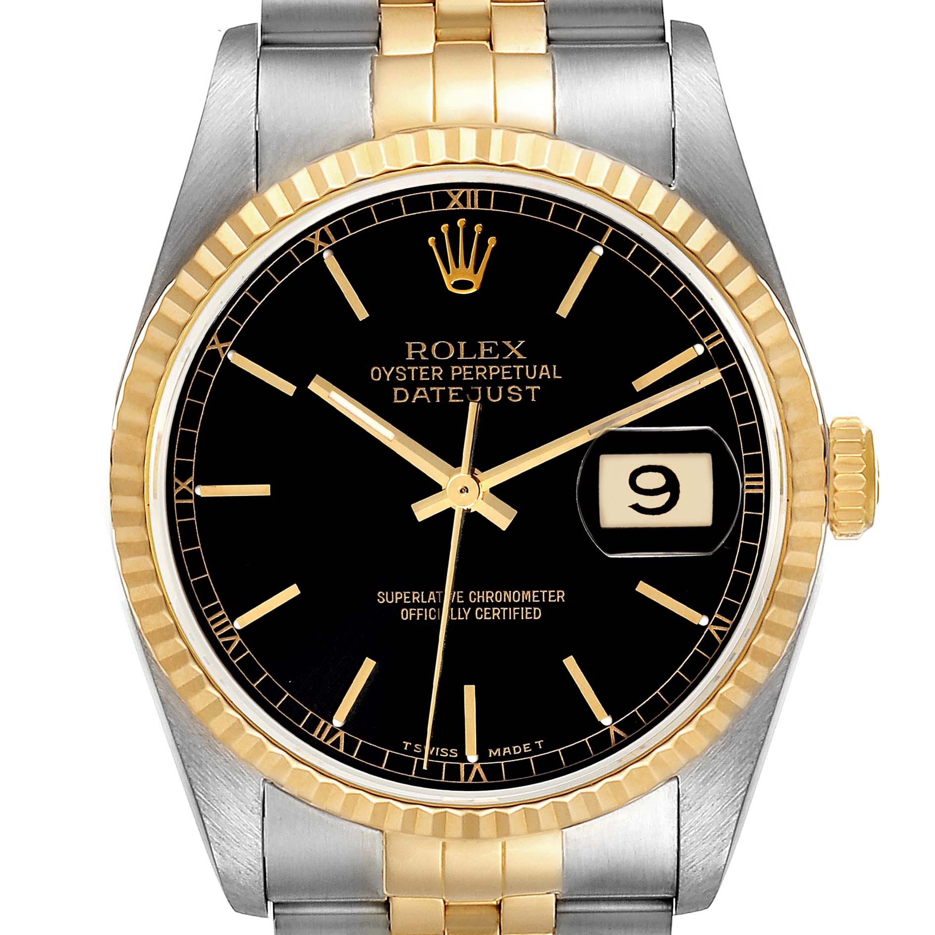 The Rolex Datejust 16233 Men's Steel and Gold (two tone) Black Dial 16233 Men's Steel and Gold (two tone) Black Dial watch is shown from a front angle, displaying the dial, hands, date window, and bracelet.