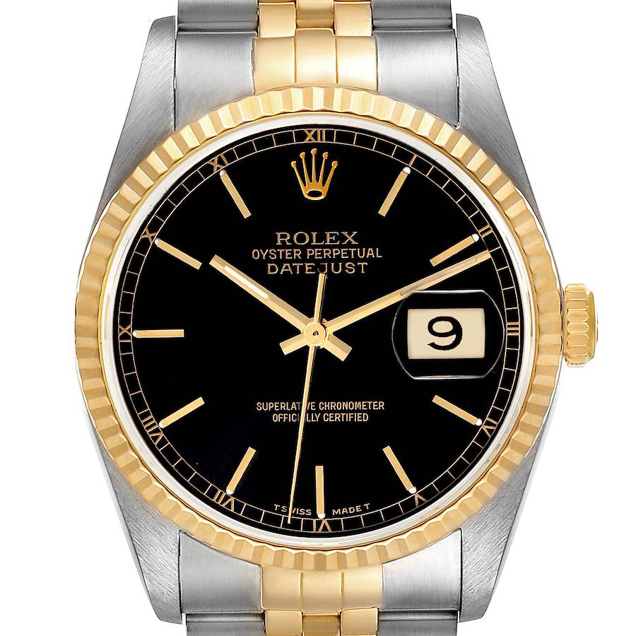 Rolex Datejust Steel Yellow Gold Black Dial Mens Watch 16233 SwissWatchExpo