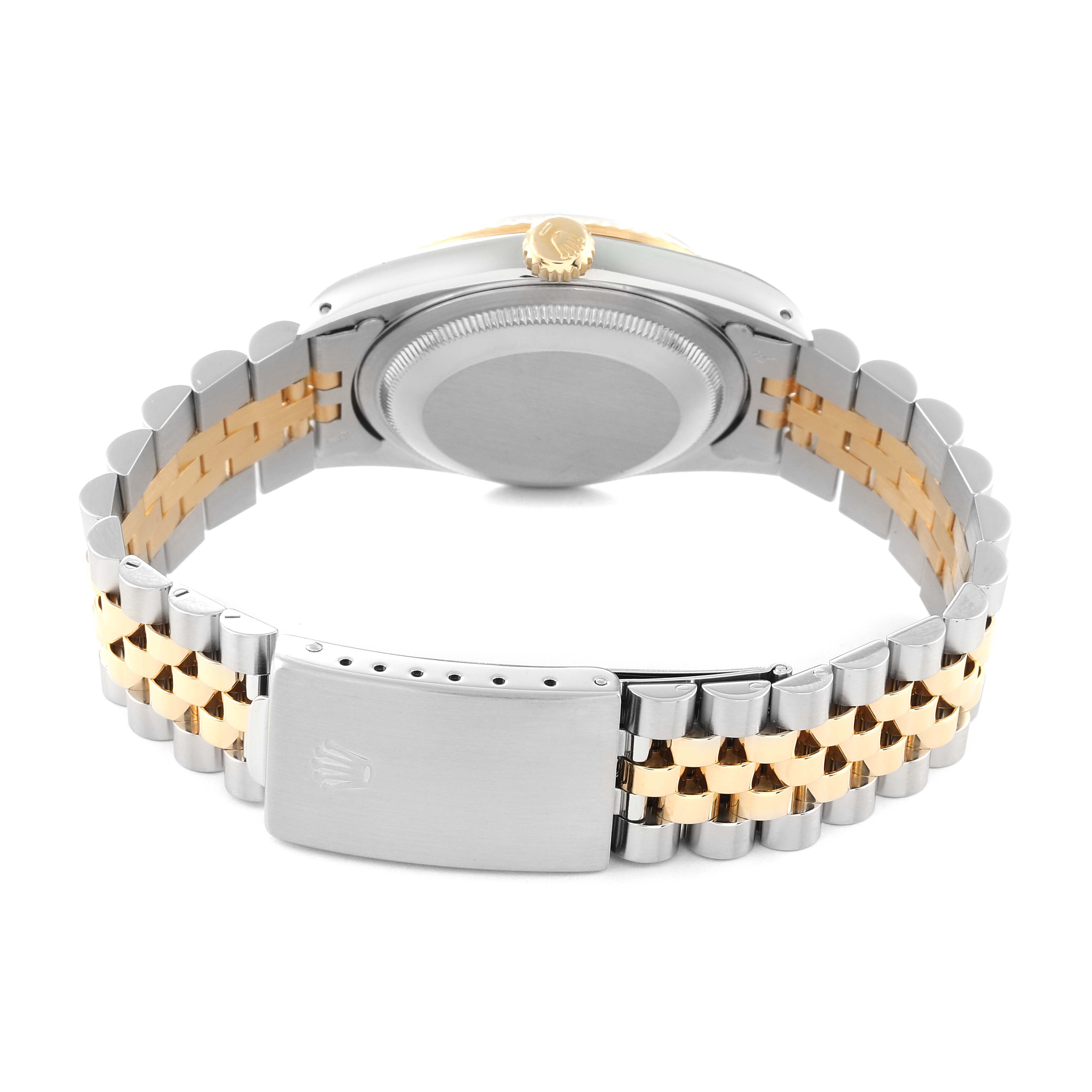 This image shows the back view of a Rolex Datejust 16233 Men's Steel and Gold (two tone) Black Dial 16233 Men's Steel and Gold (two tone) Black Dial watch, highlighting its two-tone bracelet and clasp.