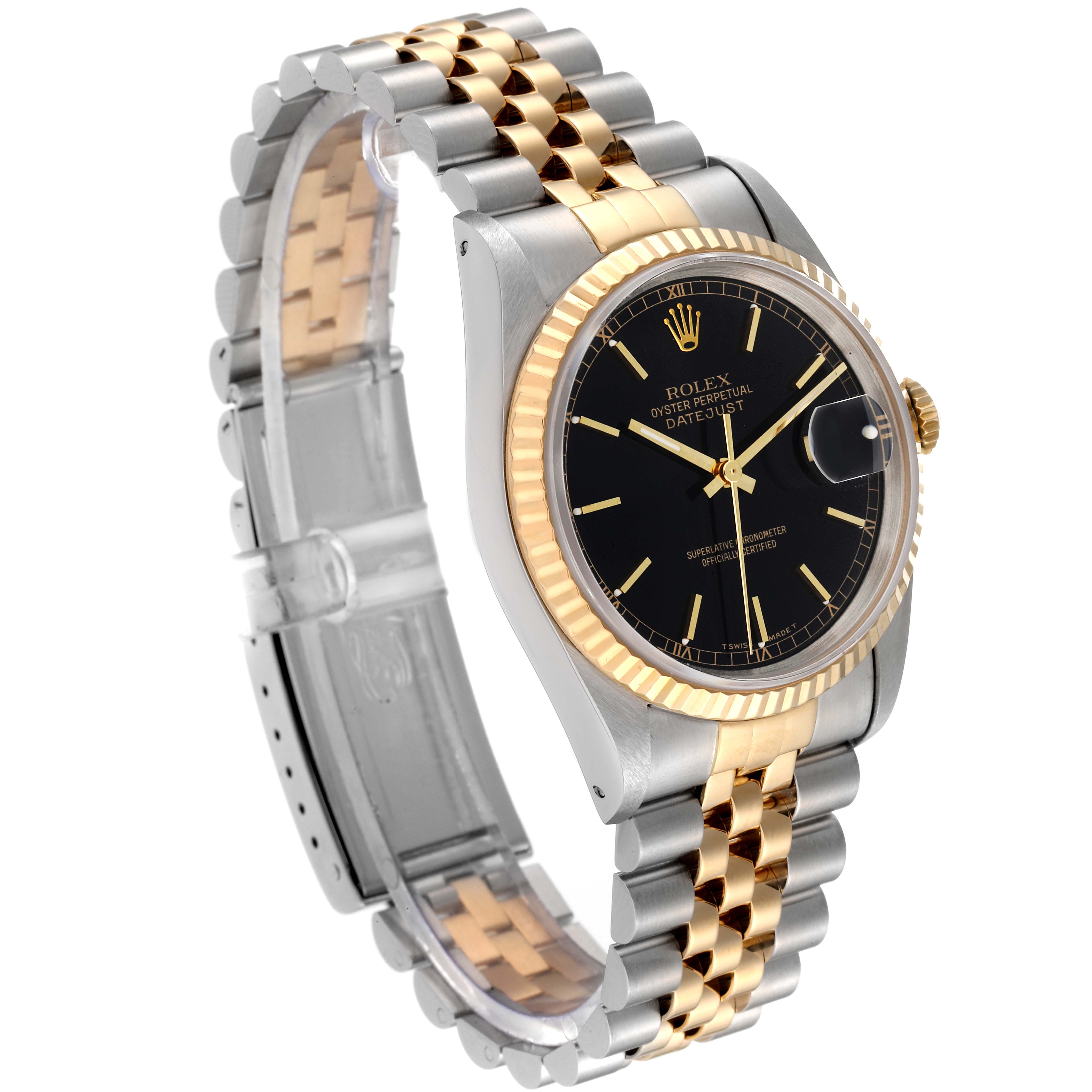 The image shows a Rolex Datejust 16233 Men's Steel and Gold (two tone) Black Dial 16233 Men's Steel and Gold (two tone) Black Dial watch from a partial side angle, highlighting its two-tone bracelet and black dial with gold hour markers.