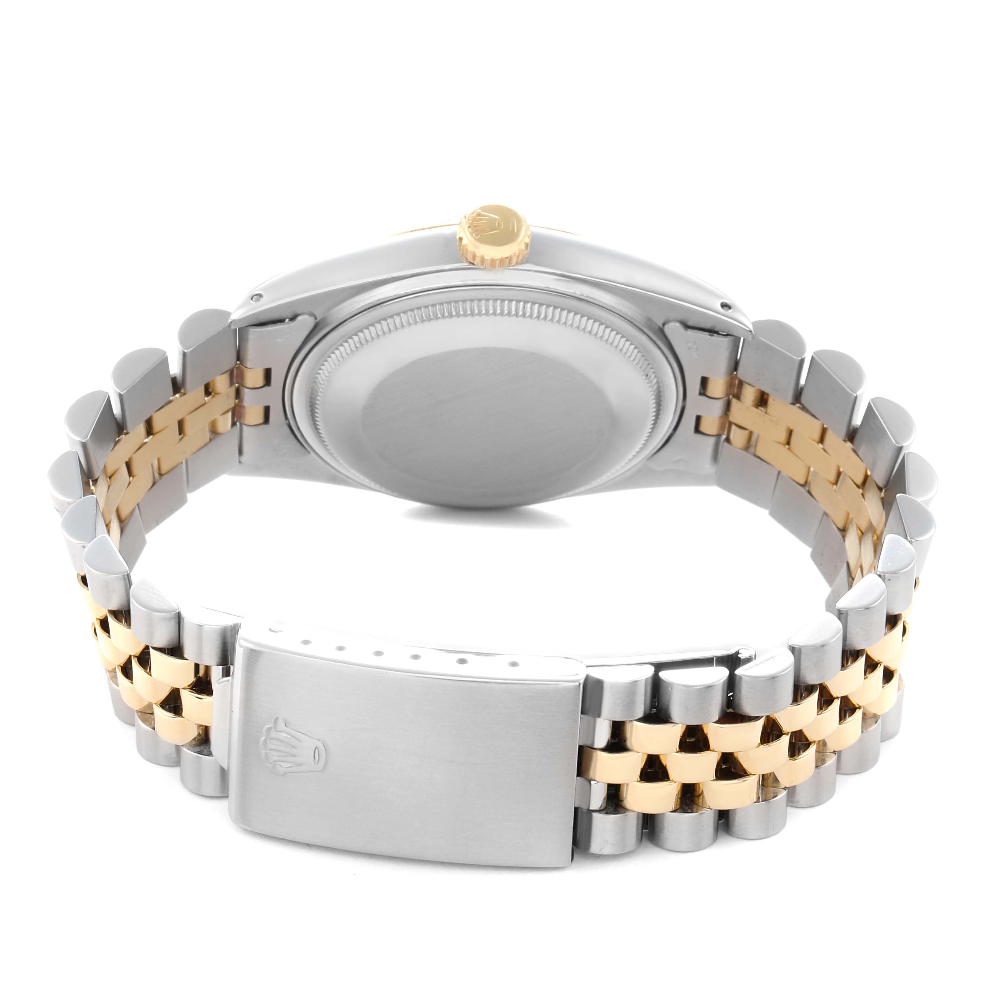 The image shows the back view of the Rolex Vintage Collection 16013 Men
s Steel and Gold (two tone) Black Dial 16013 Men
s Steel and Gold (two tone) Black Dial watch, highlighting the case back, bracelet, and clasp.