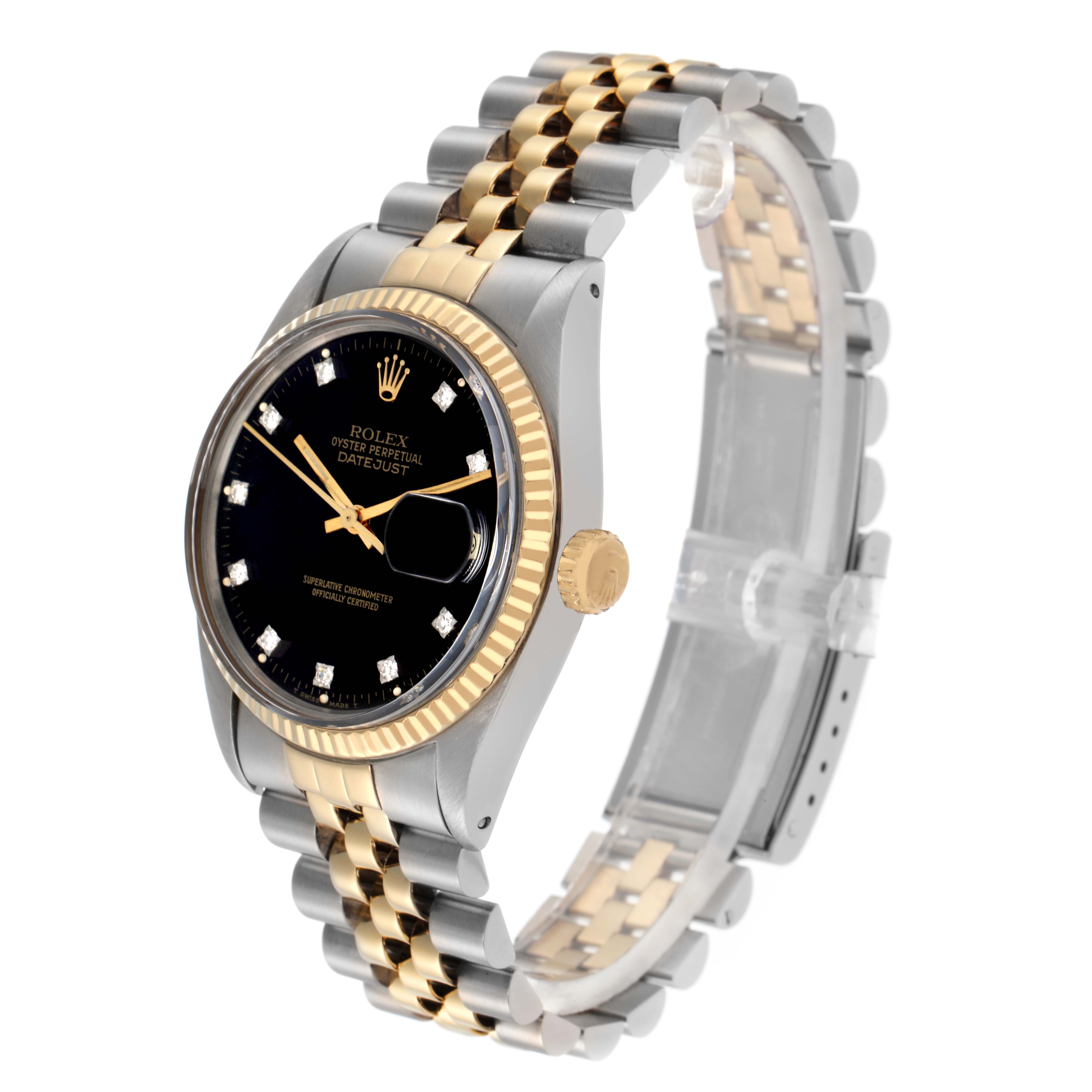 The Rolex Vintage Collection 16013 Men
s Steel and Gold (two tone) Black Dial 16013 Men
s Steel and Gold (two tone) Black Dial watch is shown at a three-quarter angle featuring its black dial, gold fluted bezel, and two-tone bracelet.