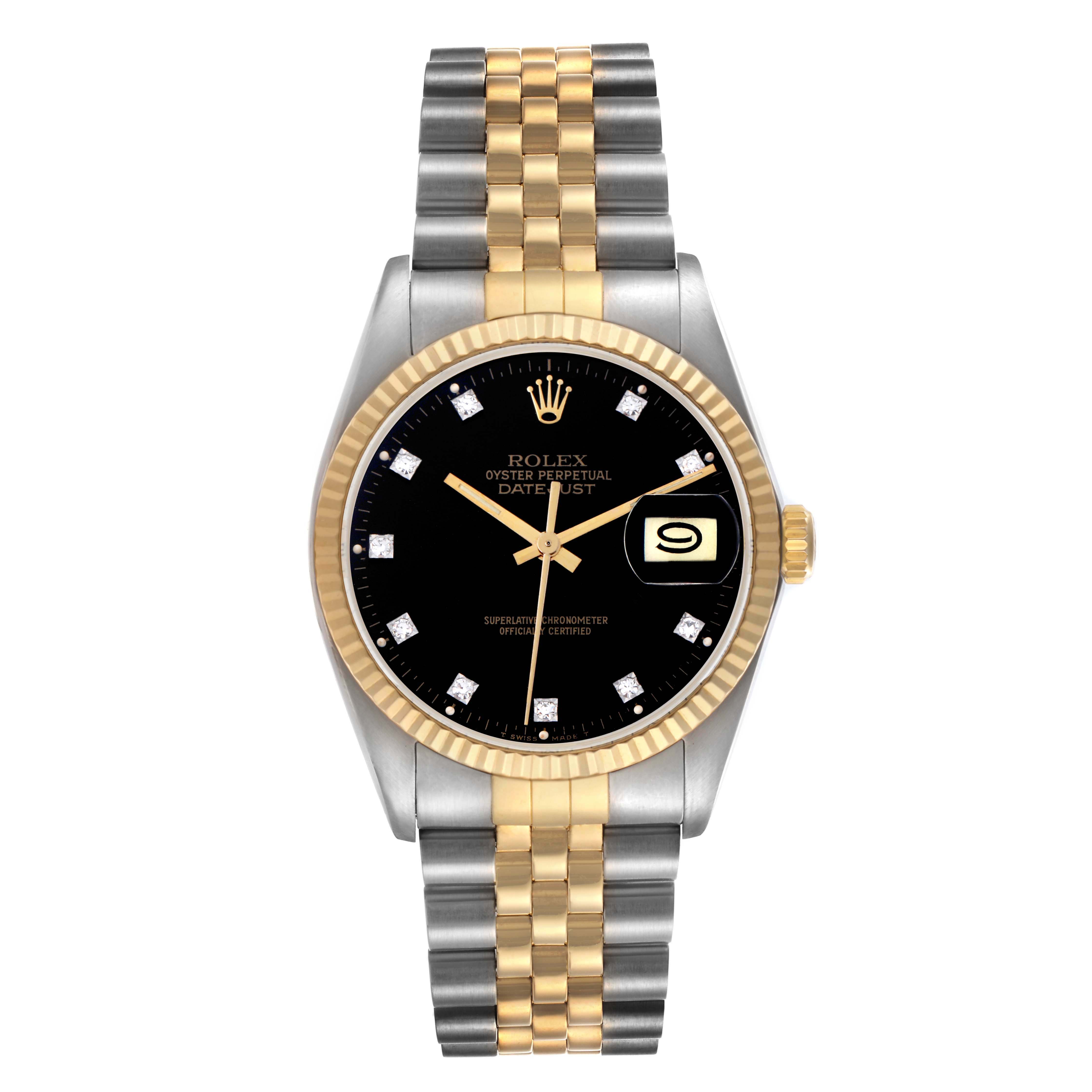 The Rolex Vintage Collection 16013 Men
s Steel and Gold (two tone) Black Dial 16013 Men
s Steel and Gold (two tone) Black Dial model is shown from a frontal angle, displaying its dial, bezel, crown, and bracelet.