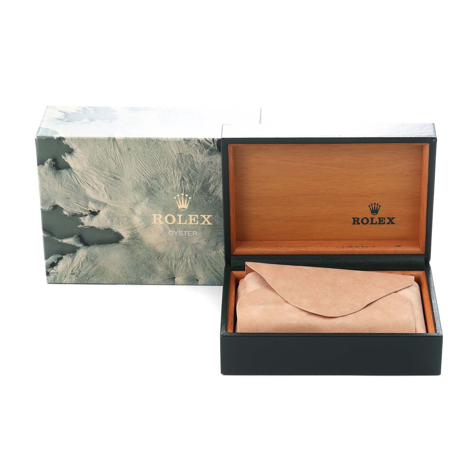 The image shows a Rolex Vintage Collection 16013 Men
s Steel and Gold (two tone) Black Dial 16013 Men
s Steel and Gold (two tone) Black Dial box and case, with the open case revealing a suede watch pouch inside.