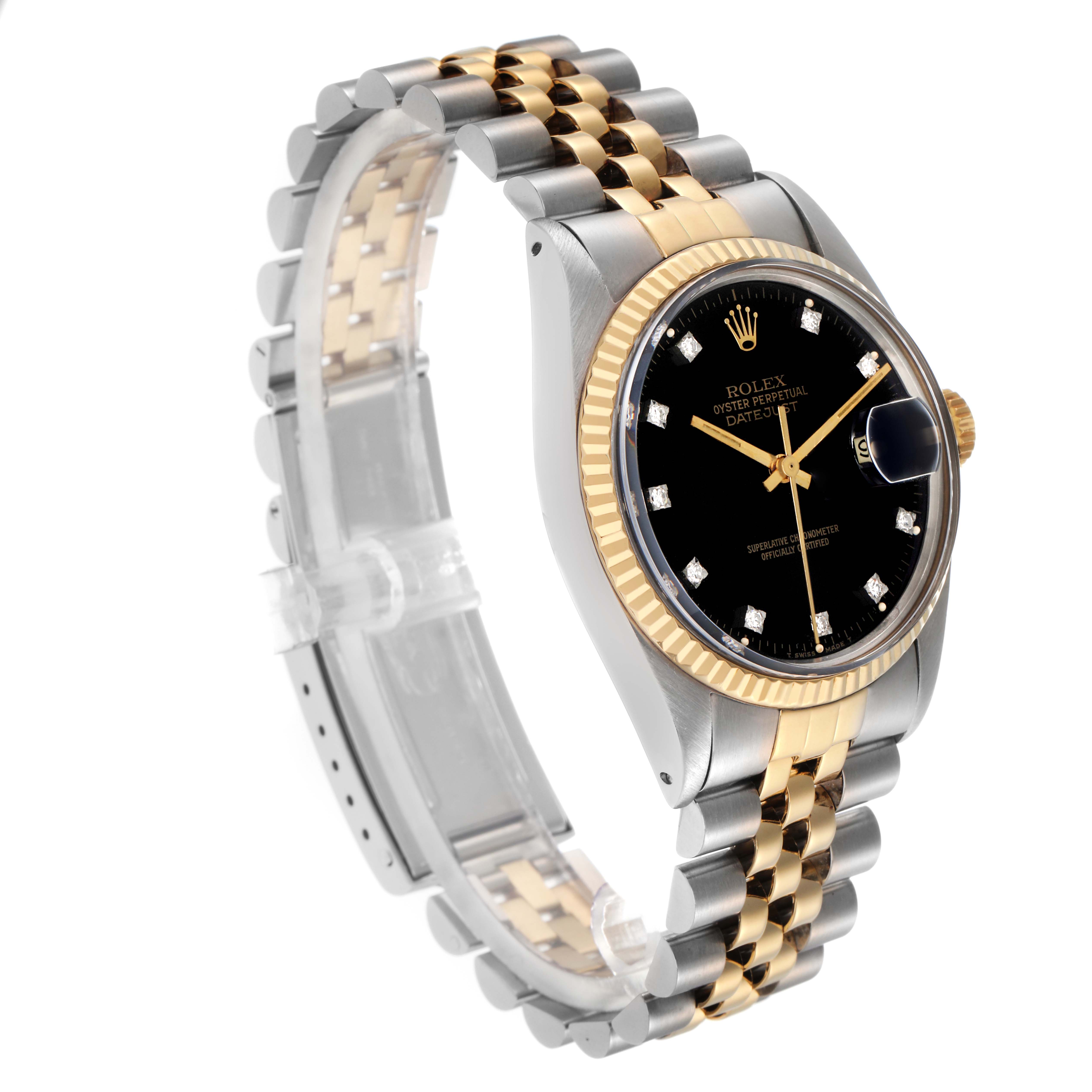 The Rolex Vintage Collection 16013 Men
s Steel and Gold (two tone) Black Dial 16013 Men
s Steel and Gold (two tone) Black Dial model is angled to show the front and side, highlighting the dial, bezel, and bracelet.