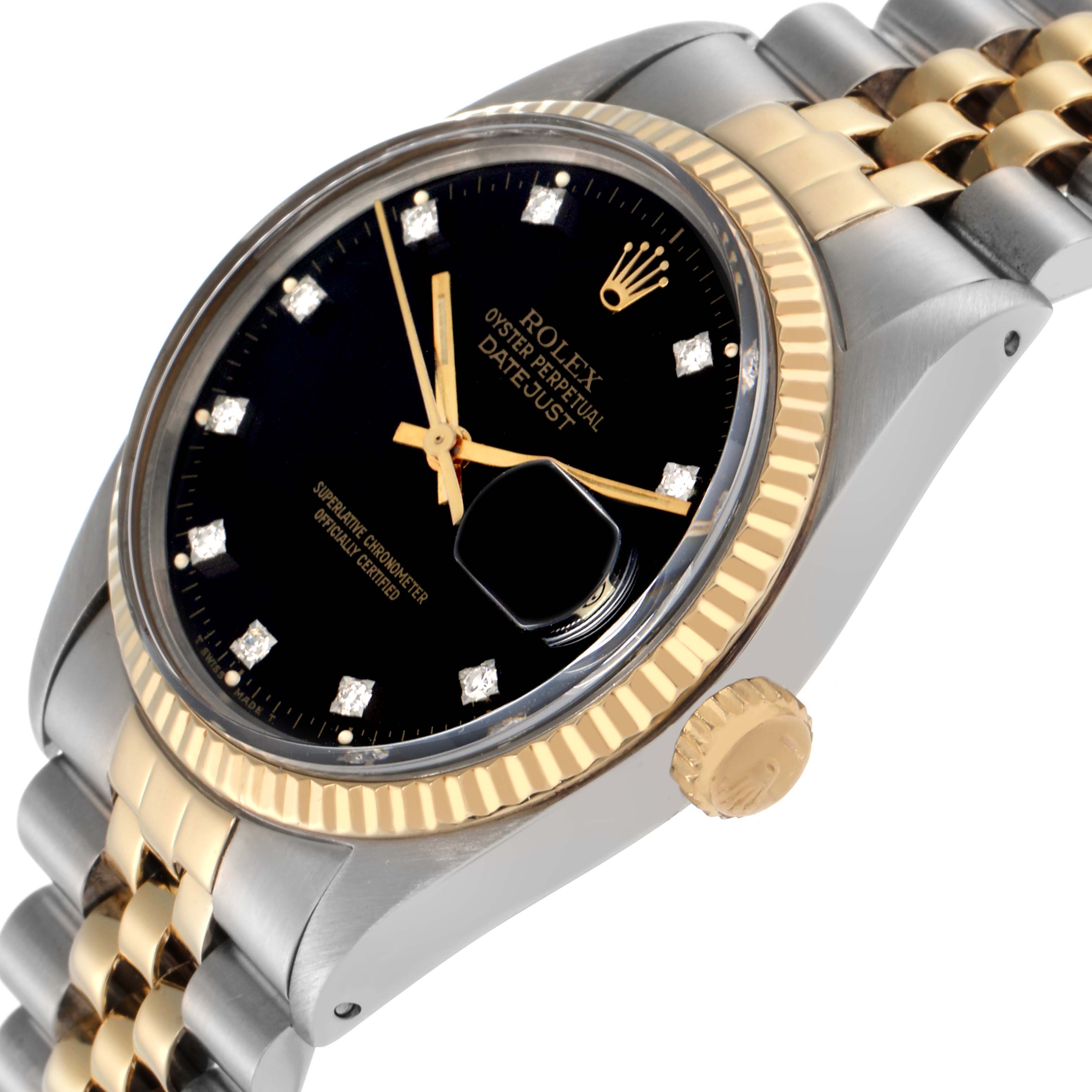 The Rolex Vintage Collection 16013 Men
s Steel and Gold (two tone) Black Dial 16013 Men
s Steel and Gold (two tone) Black Dial watch is shown at a slight angle, highlighting the face, bezel, crown, and bracelet.