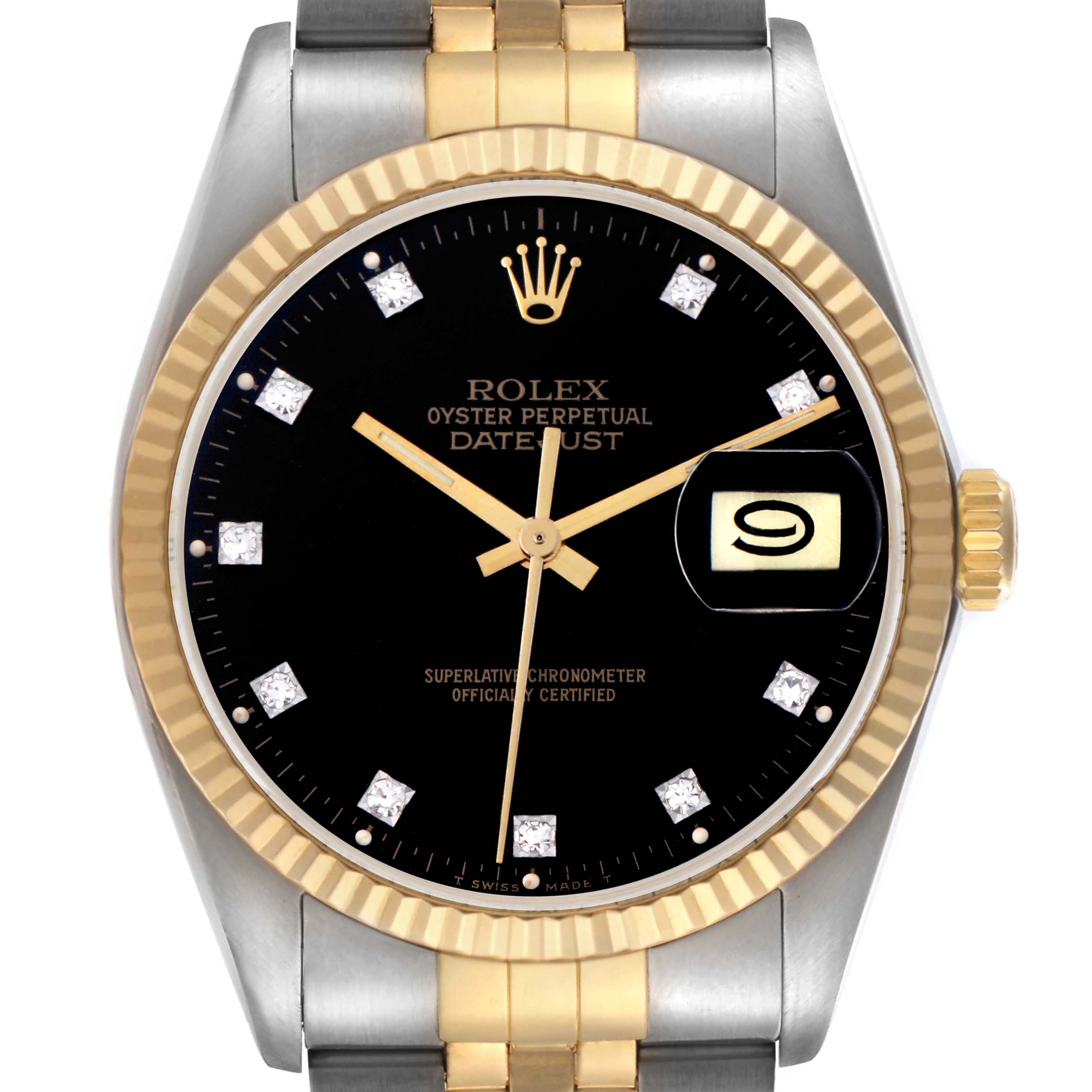 The Rolex Vintage Collection 16013 Men
s Steel and Gold (two tone) Black Dial 16013 Men
s Steel and Gold (two tone) Black Dial watch is shown from the front, displaying the dial, bezel, and part of the bracelet.