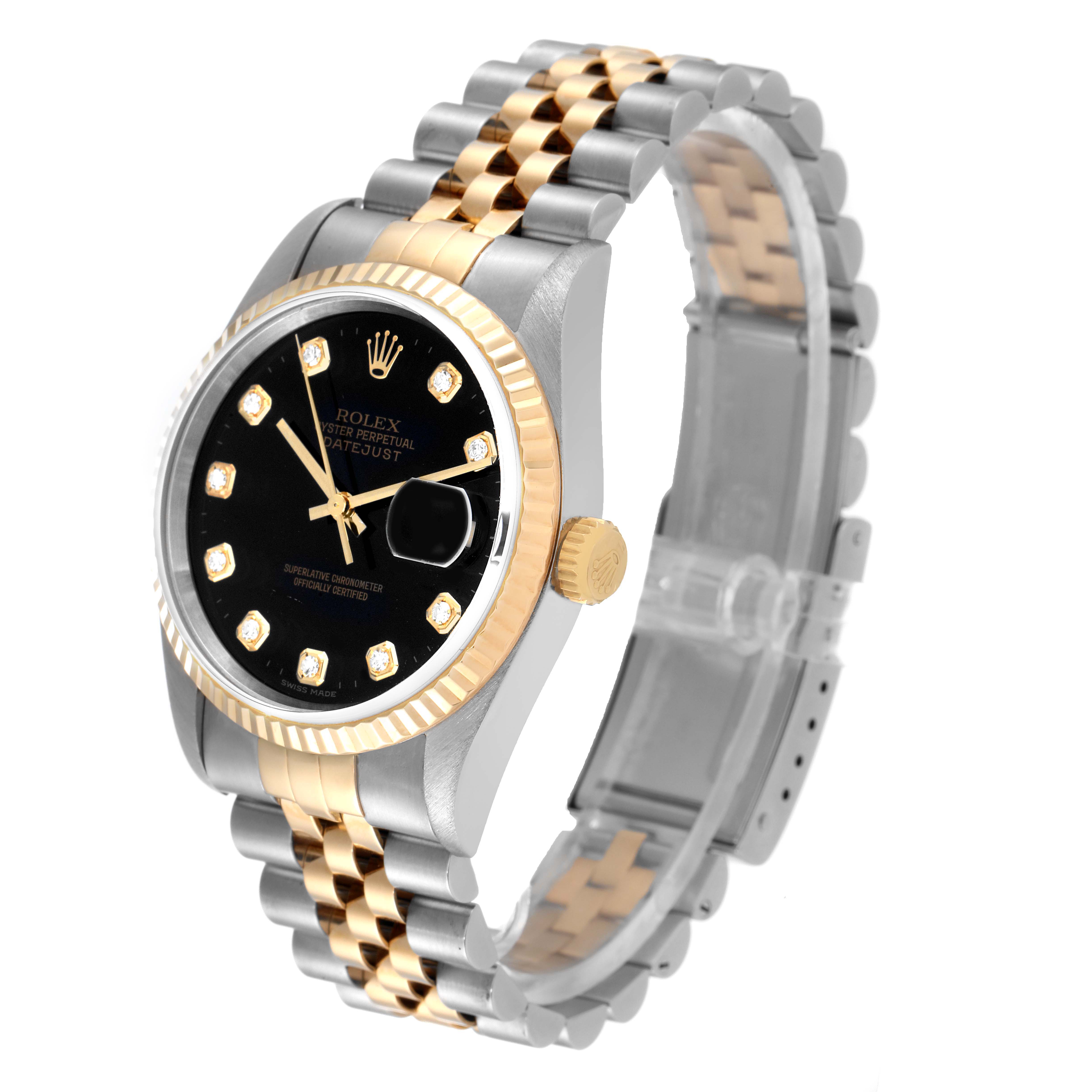 The image shows a Rolex Datejust 16233 Men's Steel and Gold (two tone) Black Dial 16233 Men's Steel and Gold (two tone) Black Dial watch at a slight angle highlighting its black dial, two-tone Jubilee bracelet, and fluted bezel.