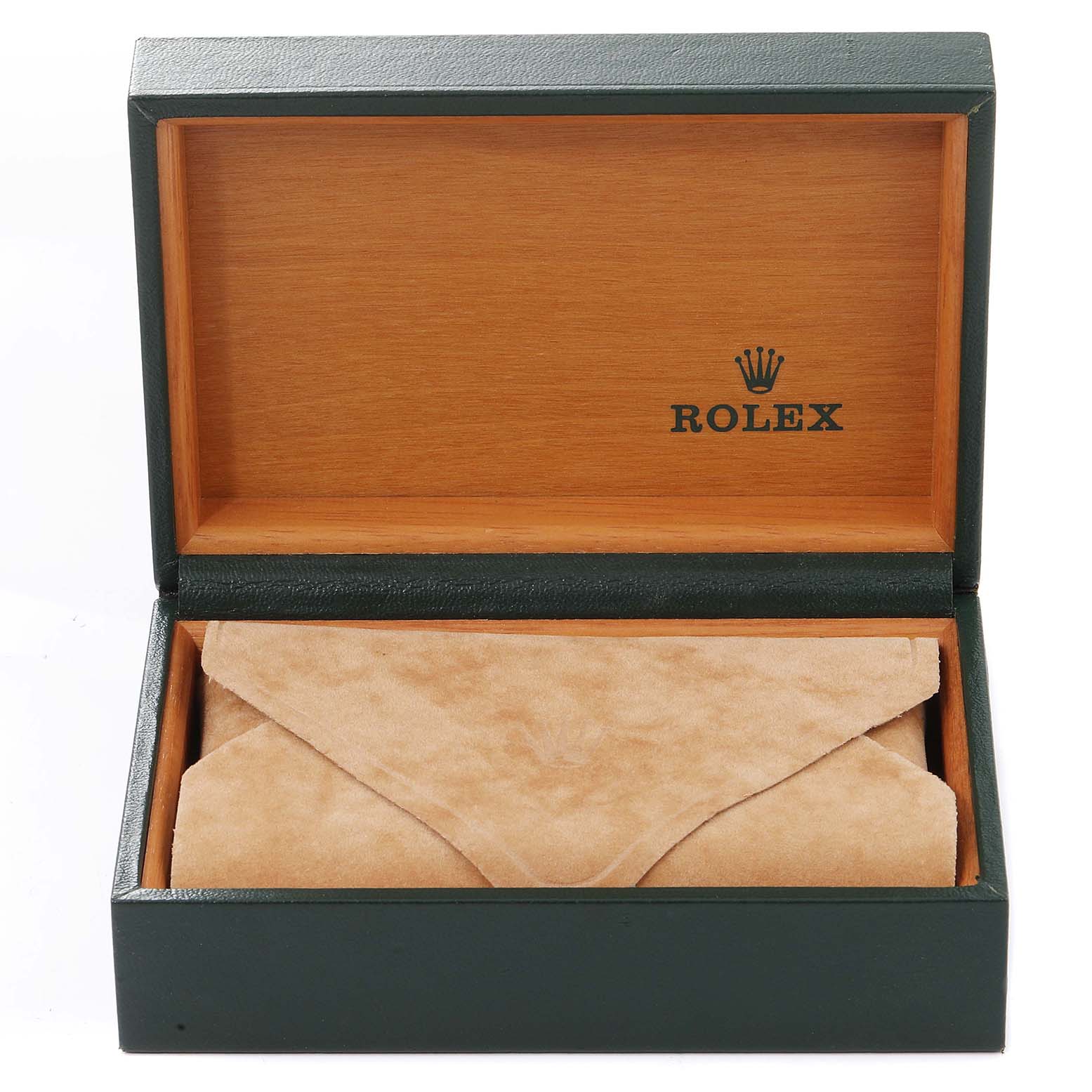 The image shows an open Rolex Datejust 16233 Men's Steel and Gold (two tone) Black Dial 16233 Men's Steel and Gold (two tone) Black Dial watch box with a suede pouch inside.