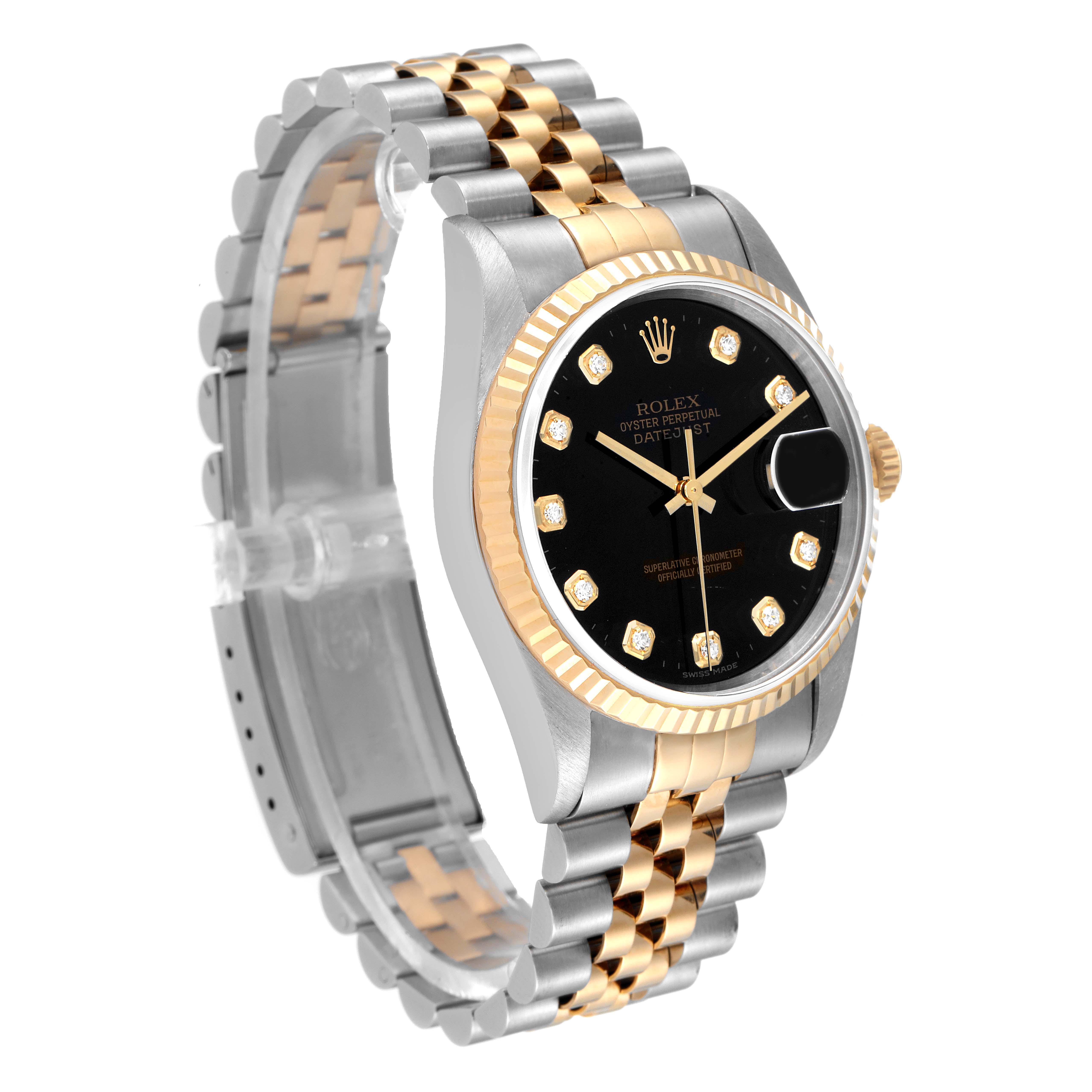 The Rolex Datejust 16233 Men's Steel and Gold (two tone) Black Dial 16233 Men's Steel and Gold (two tone) Black Dial watch is shown at a three-quarter angle, displaying its black dial, fluted bezel, and two-tone bracelet.