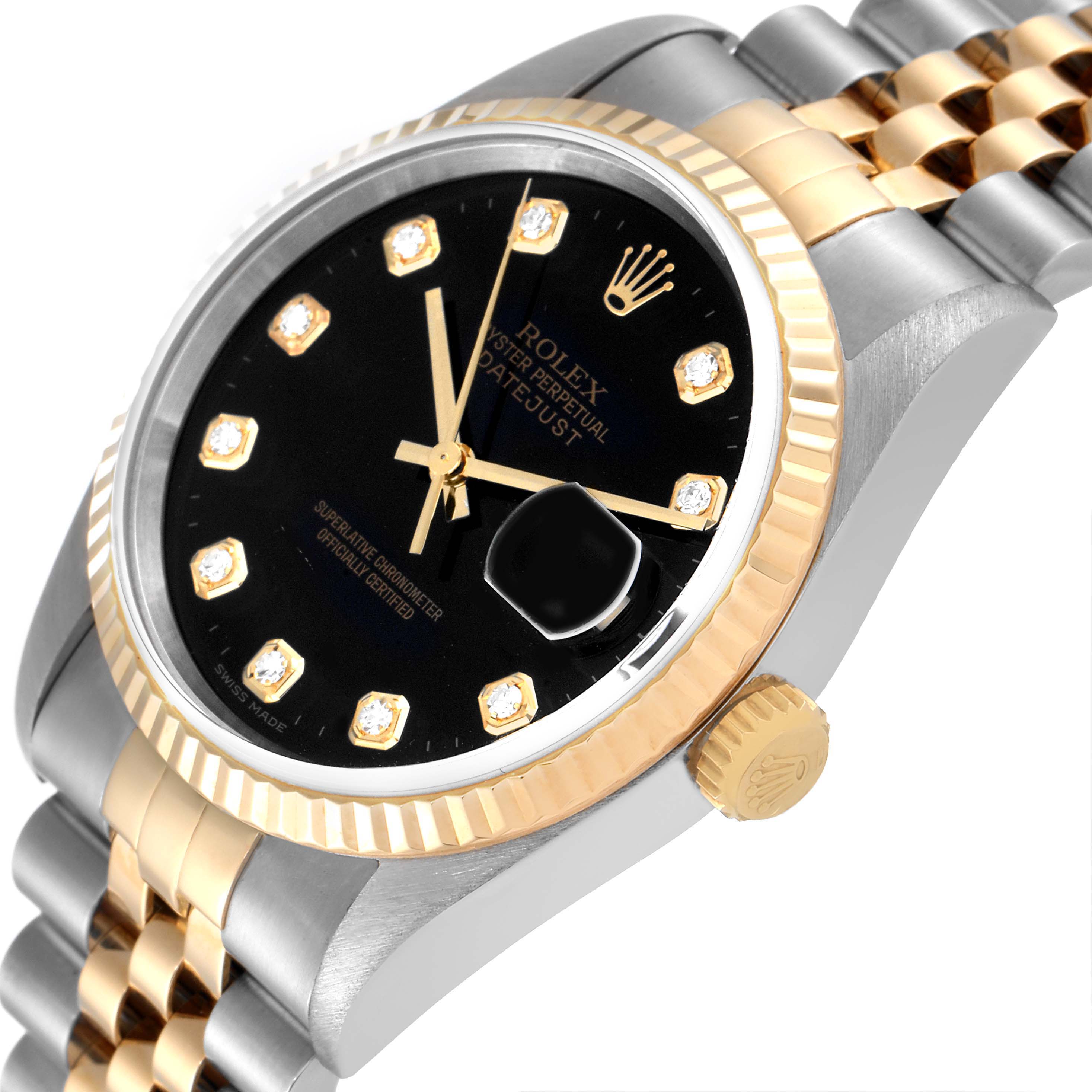 The image shows a Rolex Datejust 16233 Men's Steel and Gold (two tone) Black Dial 16233 Men's Steel and Gold (two tone) Black Dial watch from an angled top view, highlighting its black dial, diamond hour markers, gold fluted bezel, and two-tone bracelet.