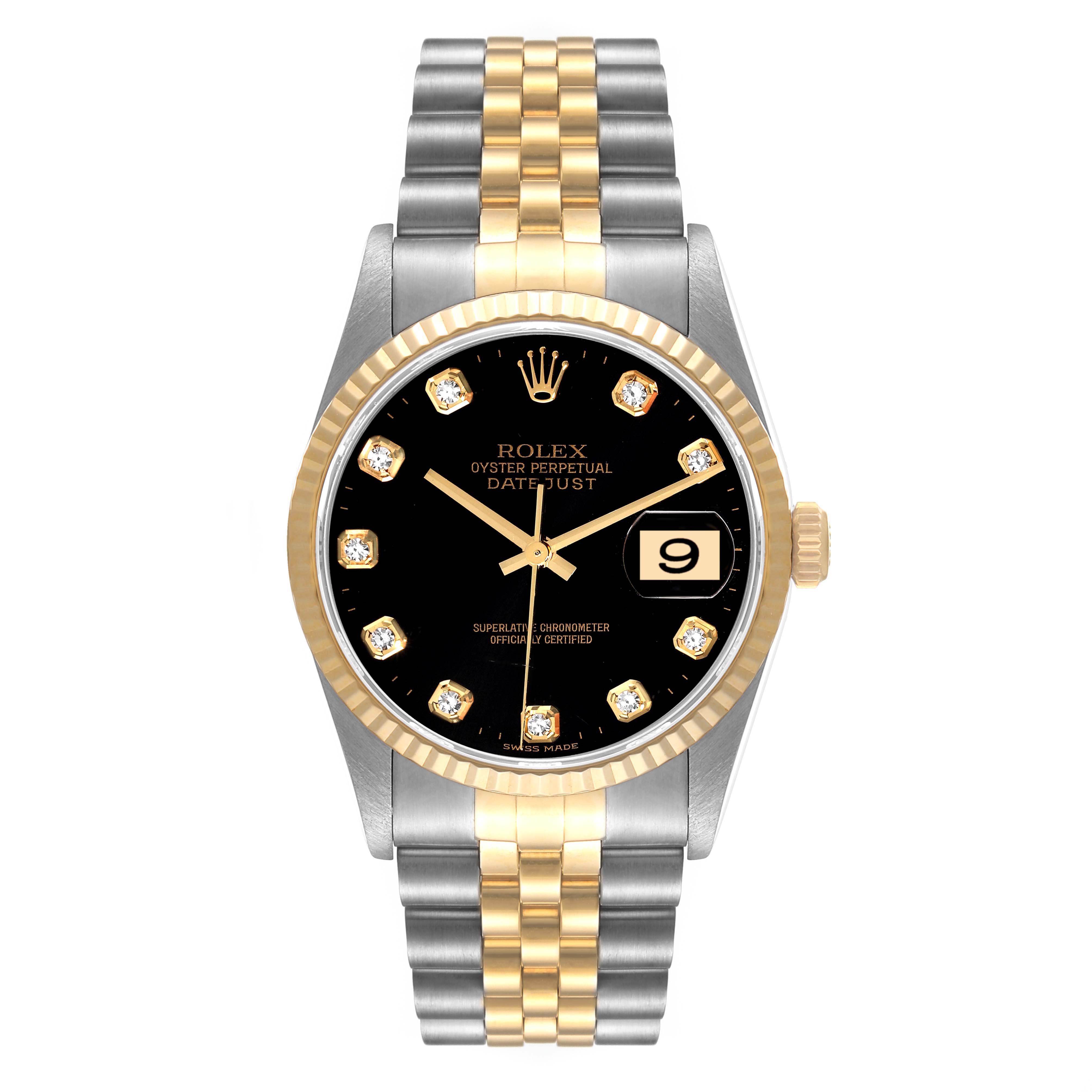 This image shows a frontal view of a Rolex Datejust 16233 Men's Steel and Gold (two tone) Black Dial 16233 Men's Steel and Gold (two tone) Black Dial watch displaying its bezel, dial, and bracelet.