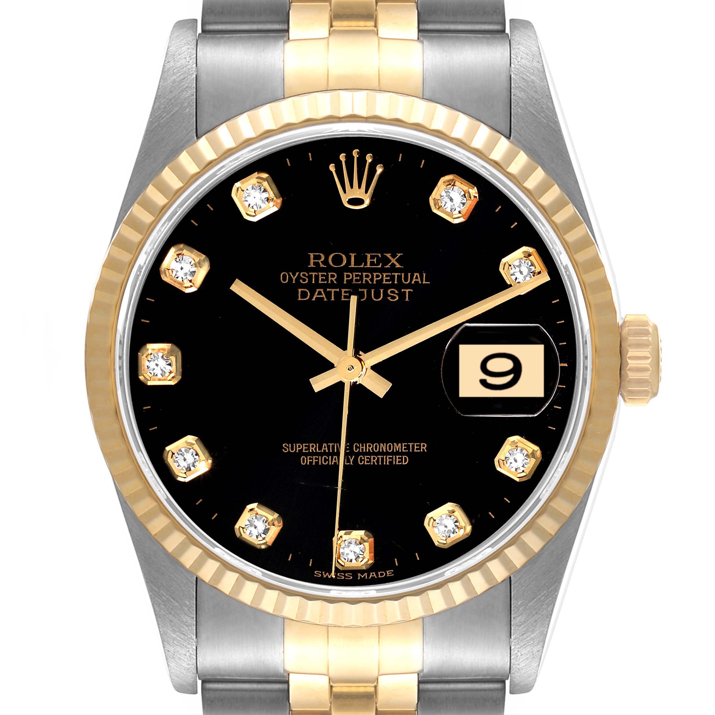 Rolex Datejust Steel Yellow Gold Black Diamond Dial Mens Watch 16233 ...