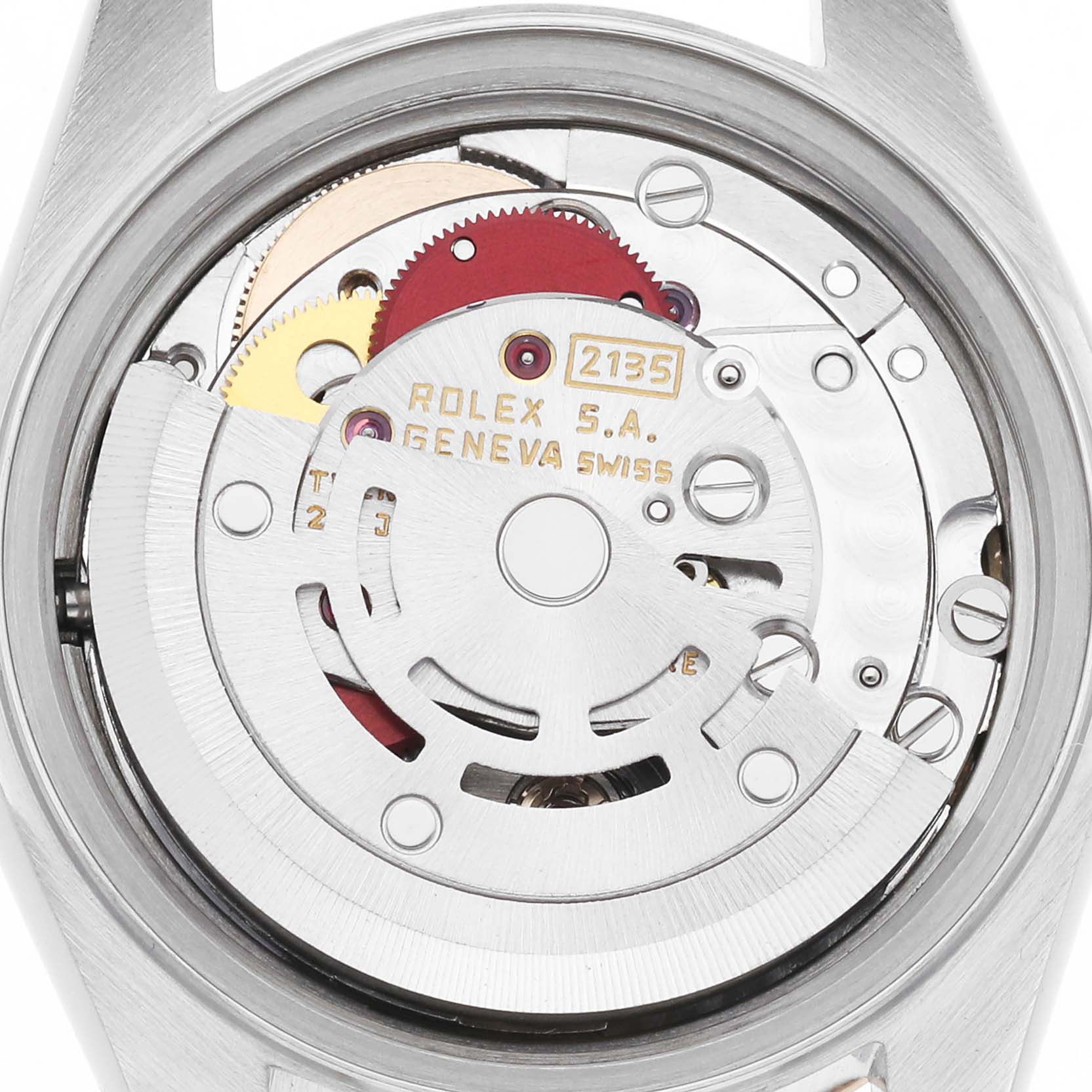 The image shows the back of a Rolex Datejust 69173 Women
s Steel and Gold (two tone) Champagne Dial 69173 Women
s Steel and Gold (two tone) Champagne Dial watch, highlighting its internal mechanical movement.