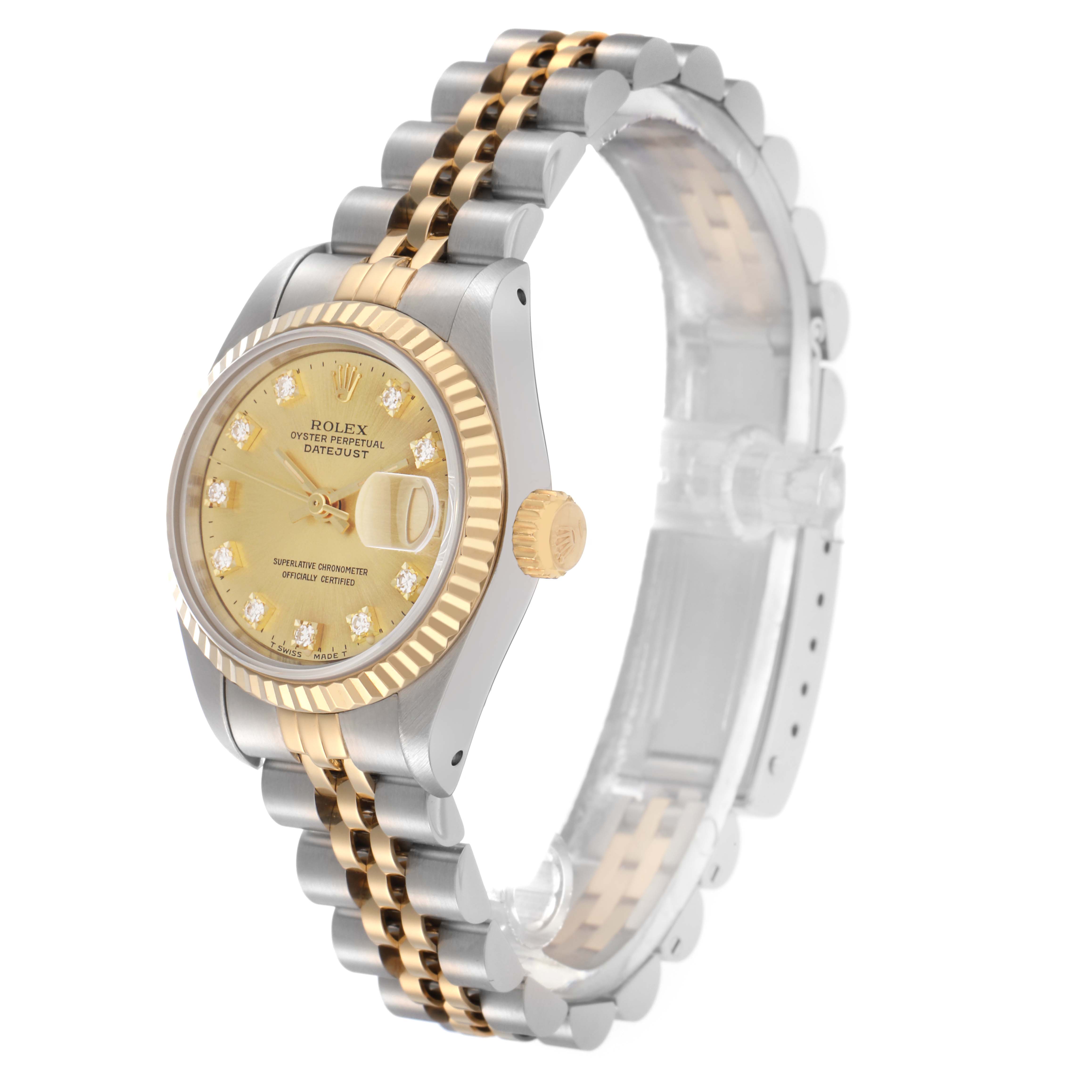 The Rolex Datejust 69173 Women
s Steel and Gold (two tone) Champagne Dial 69173 Women
s Steel and Gold (two tone) Champagne Dial watch is shown at a three-quarter angle, highlighting the bezel, dial, crown, and Jubilee bracelet.