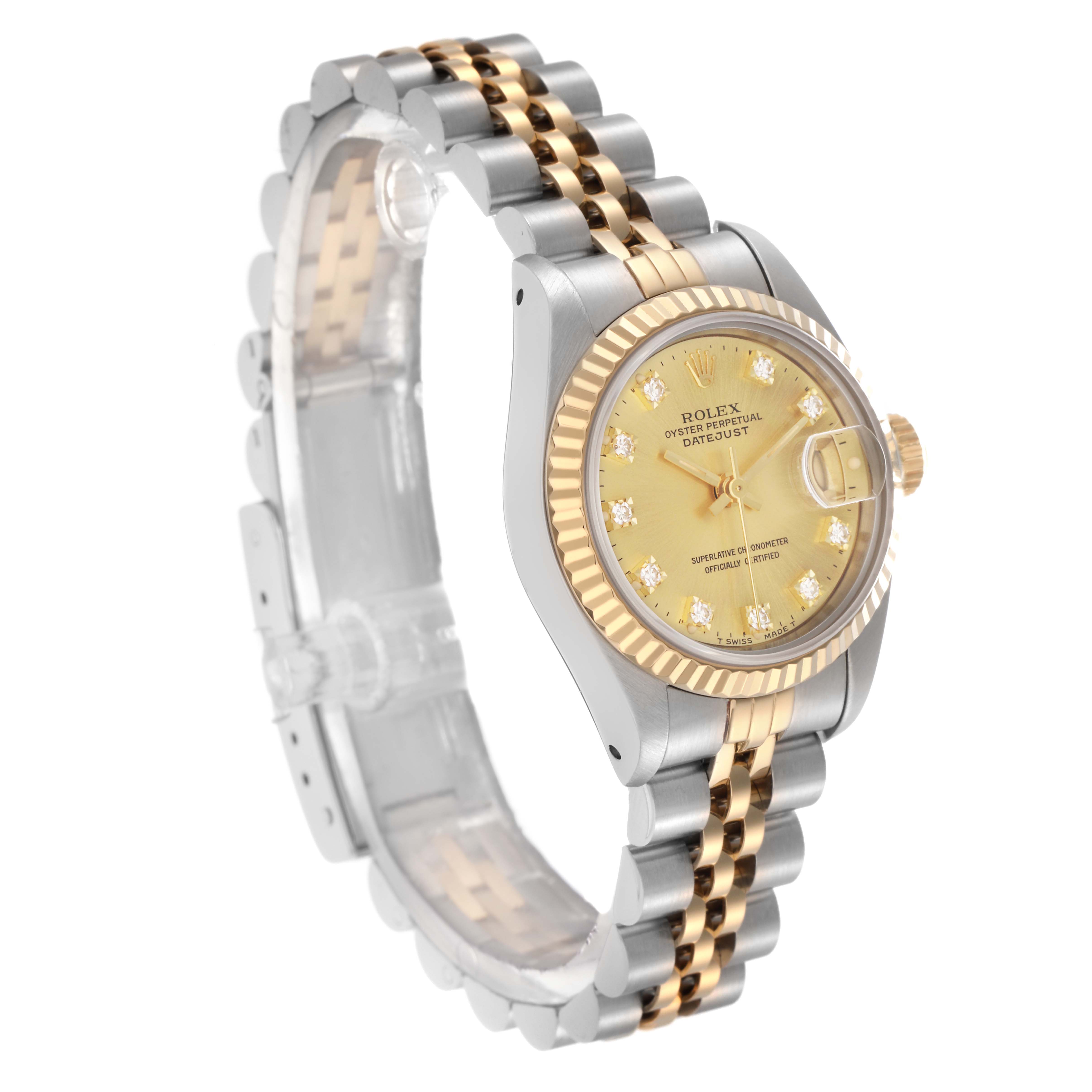 The Rolex Datejust 69173 Women
s Steel and Gold (two tone) Champagne Dial 69173 Women
s Steel and Gold (two tone) Champagne Dial watch is shown at an angled side view, displaying its face, bezel, crown, and bracelet.
