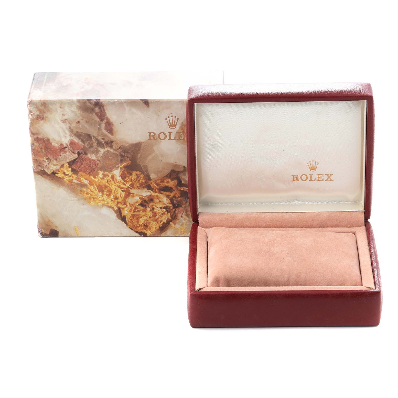 The image shows a Rolex Datejust 69173 Women
s Steel and Gold (two tone) Champagne Dial 69173 Women
s Steel and Gold (two tone) Champagne Dial watch box and outer packaging from a front angle, both prominently displaying the Rolex logo.