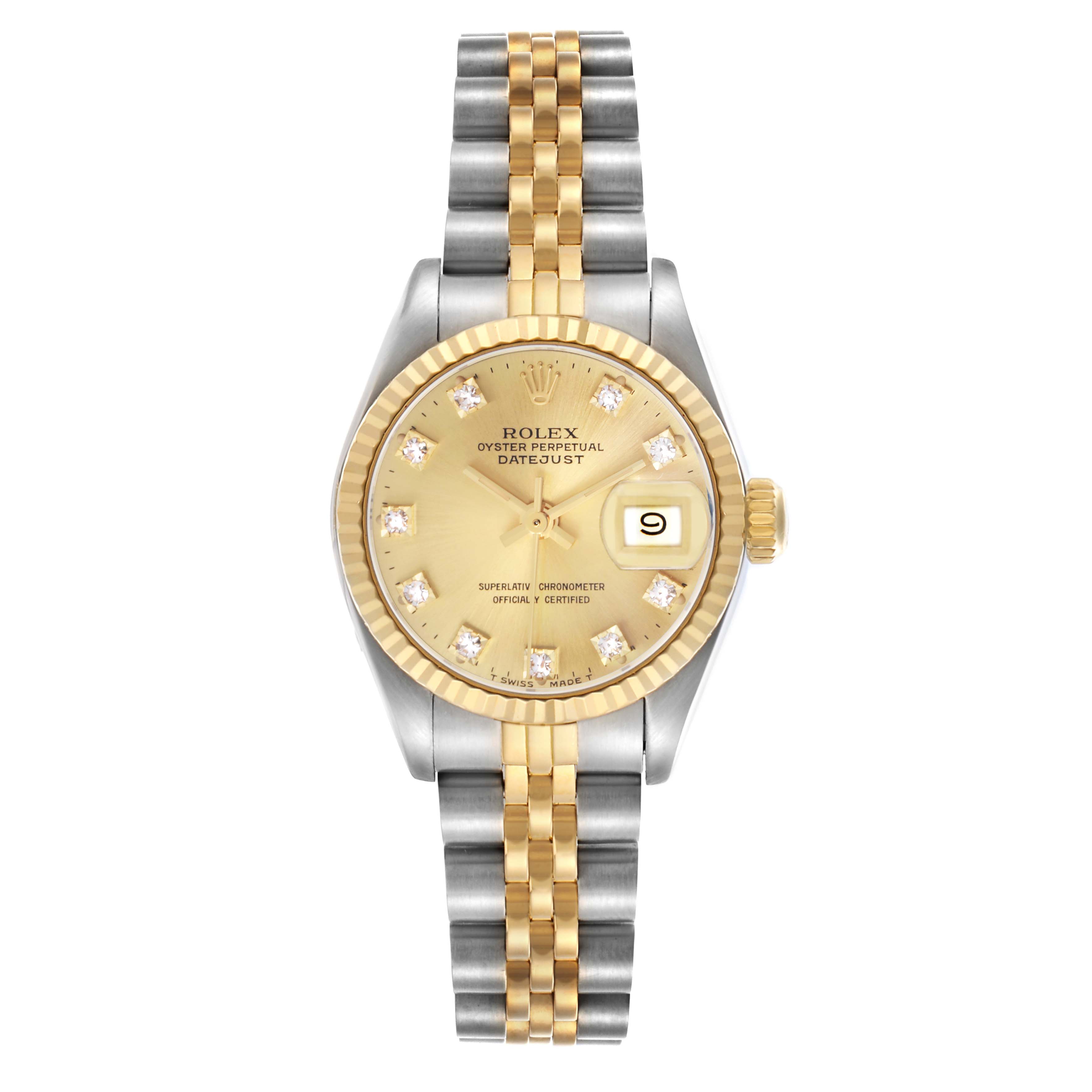 The Rolex Datejust 69173 Women
s Steel and Gold (two tone) Champagne Dial 69173 Women
s Steel and Gold (two tone) Champagne Dial watch is shown from the front, highlighting the dial, bezel, bracelet, and date window.