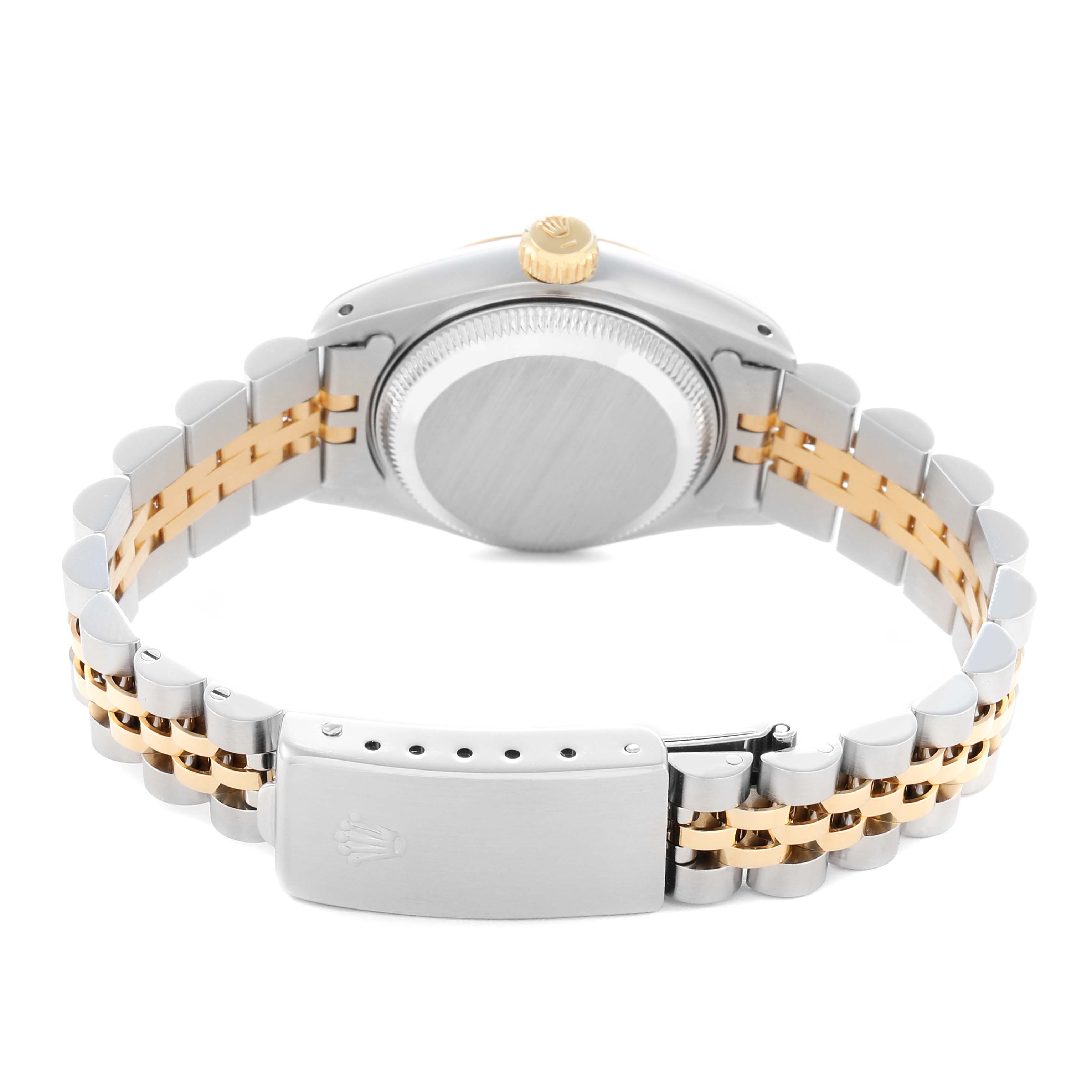 The Rolex Datejust 69173 Women
s Steel and Gold (two tone) Champagne Dial 69173 Women
s Steel and Gold (two tone) Champagne Dial watch is shown from the back, highlighting its case, crown, and two-tone bracelet with clasp.