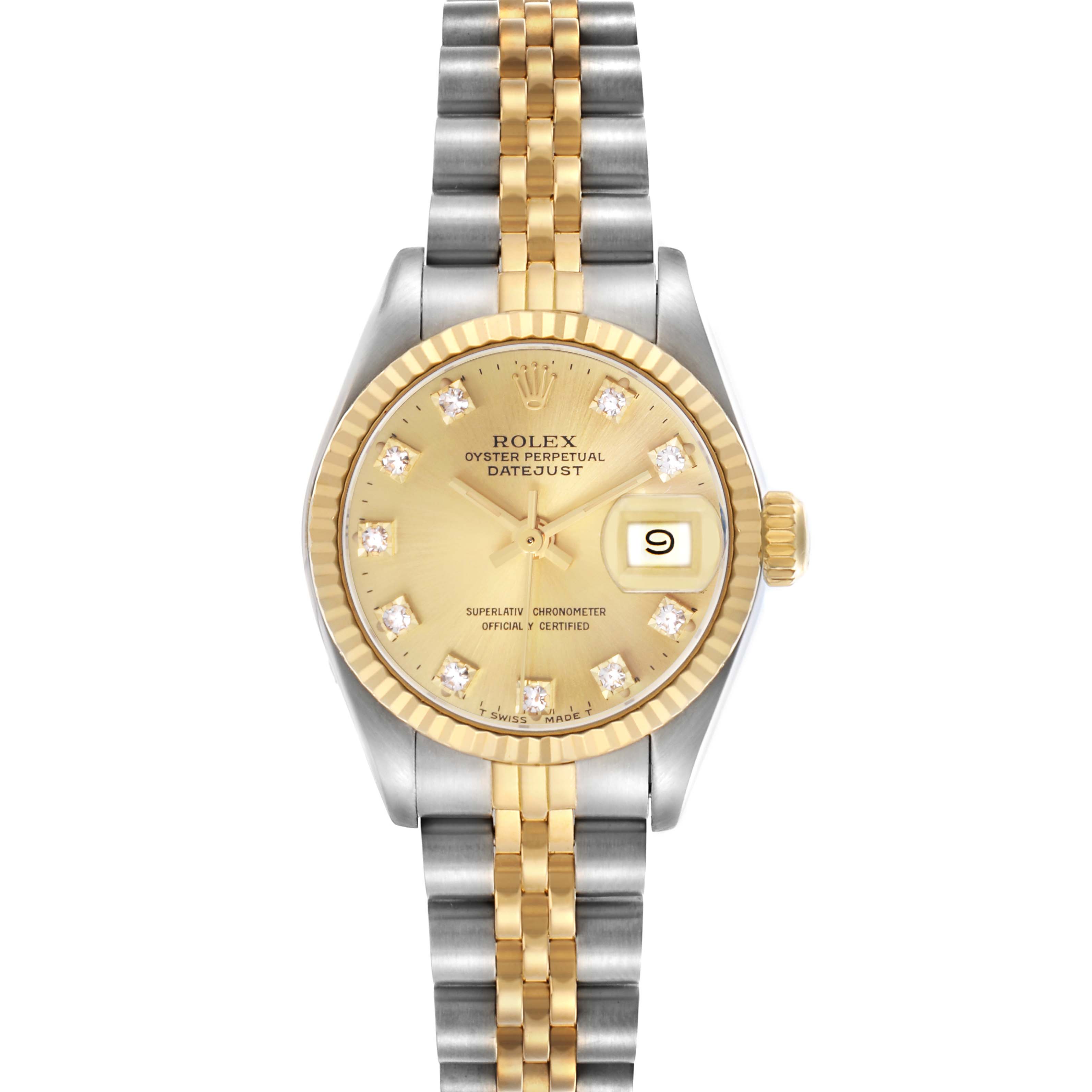 The Rolex Datejust 69173 Women
s Steel and Gold (two tone) Champagne Dial 69173 Women
s Steel and Gold (two tone) Champagne Dial watch is shown from the front, displaying its gold dial, diamond markers, fluted bezel, and Jubilee bracelet.