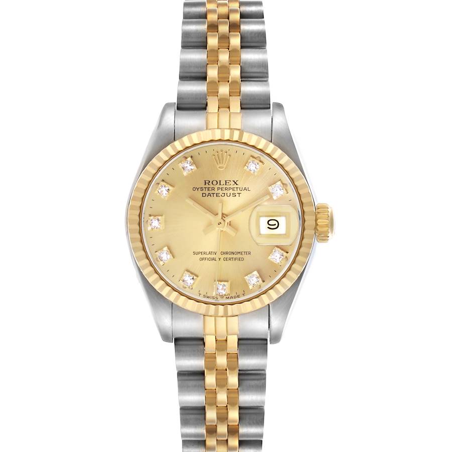 The Rolex Datejust watch is shown from the front, displaying its gold dial, diamond markers, fluted bezel, and Jubilee bracelet.