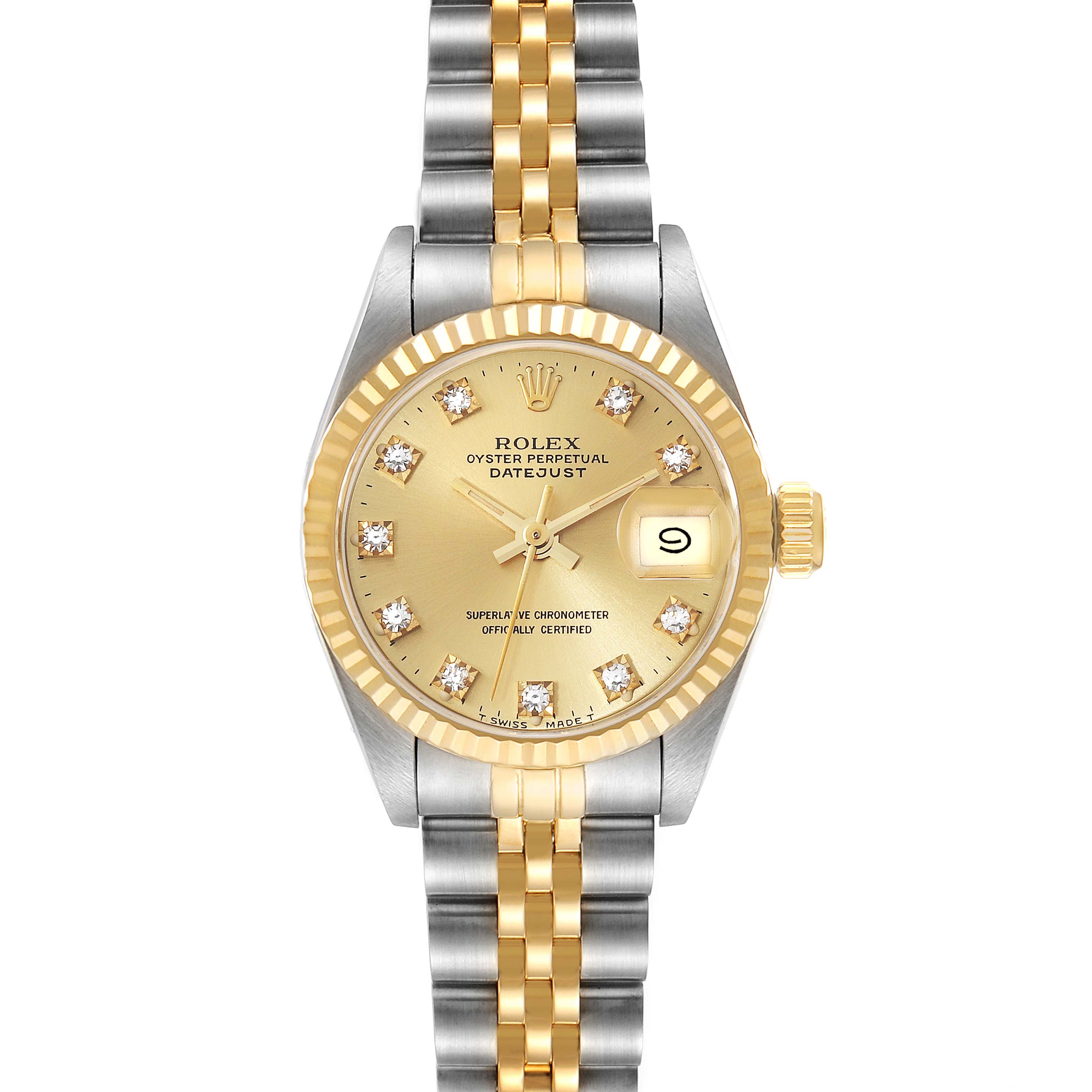 This image shows the Rolex Datejust 69173 Women's Steel and Gold (two tone) Champagne Dial 69173 Women's Steel and Gold (two tone) Champagne Dial watch from a front view, highlighting its face, bezel, and two-tone bracelet.