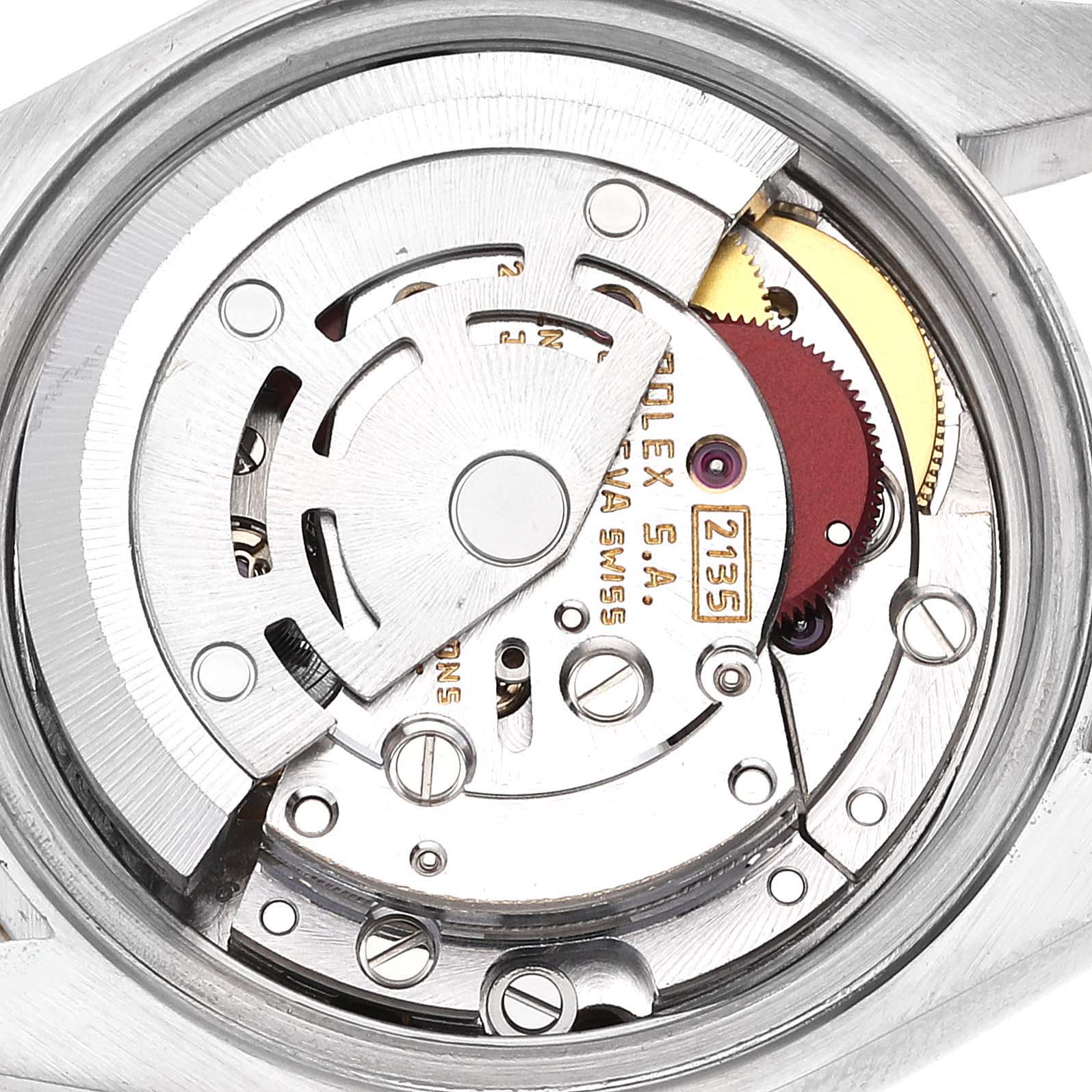 This image shows the internal mechanical movement of a Rolex Datejust 69173 Women's Steel and Gold (two tone) Champagne Dial 69173 Women's Steel and Gold (two tone) Champagne Dial watch from a top-down angle.