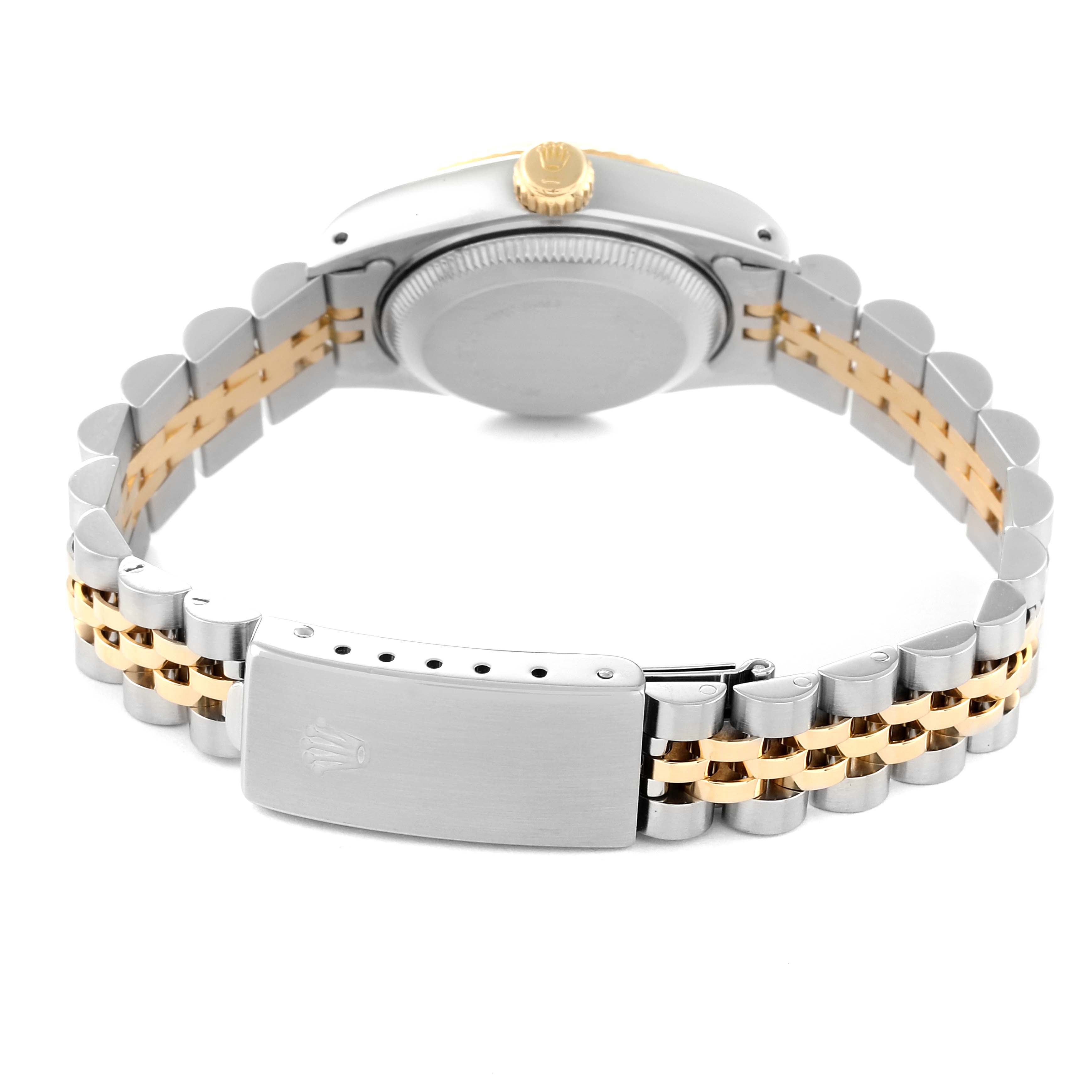 The image shows the clasp, bracelet, case back, and crown of the Rolex Datejust 69173 Women's Steel and Gold (two tone) Champagne Dial 69173 Women's Steel and Gold (two tone) Champagne Dial watch from the rear angle.