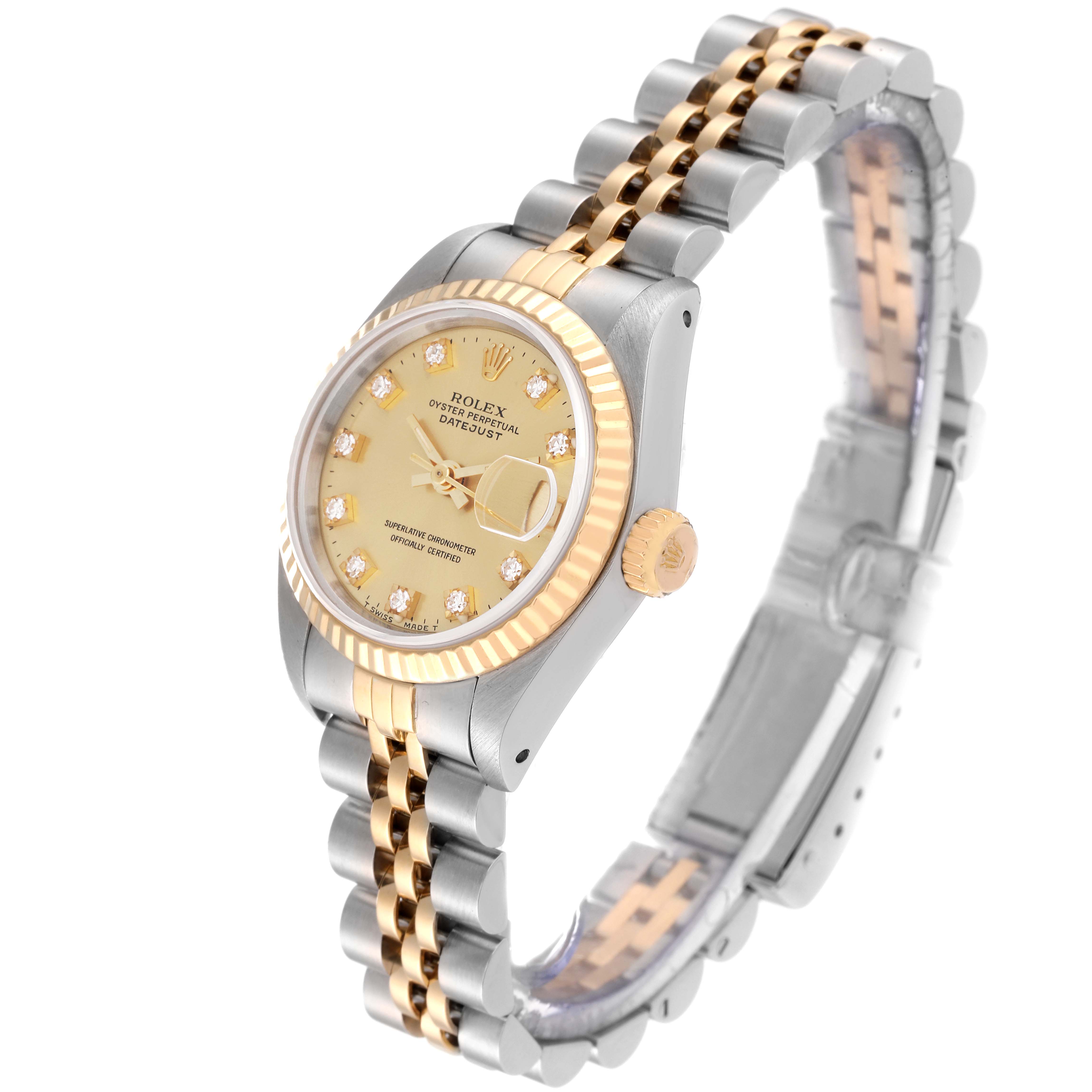 The image shows a stainless steel and gold Rolex Datejust 69173 Women's Steel and Gold (two tone) Champagne Dial 69173 Women's Steel and Gold (two tone) Champagne Dial watch at a 45-degree angle, highlighting the dial, bezel, and bracelet.