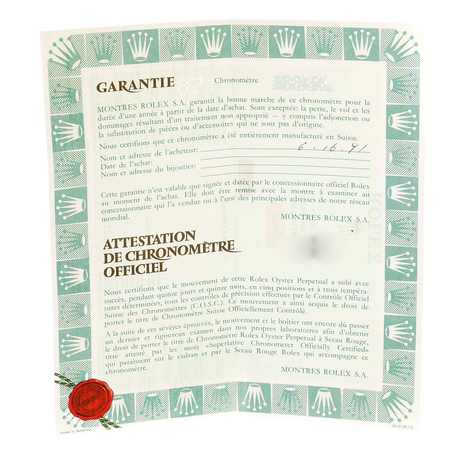 The image shows a Rolex Datejust 69173 Women's Steel and Gold (two tone) Champagne Dial 69173 Women's Steel and Gold (two tone) Champagne Dial warranty and official chronometer certificate.