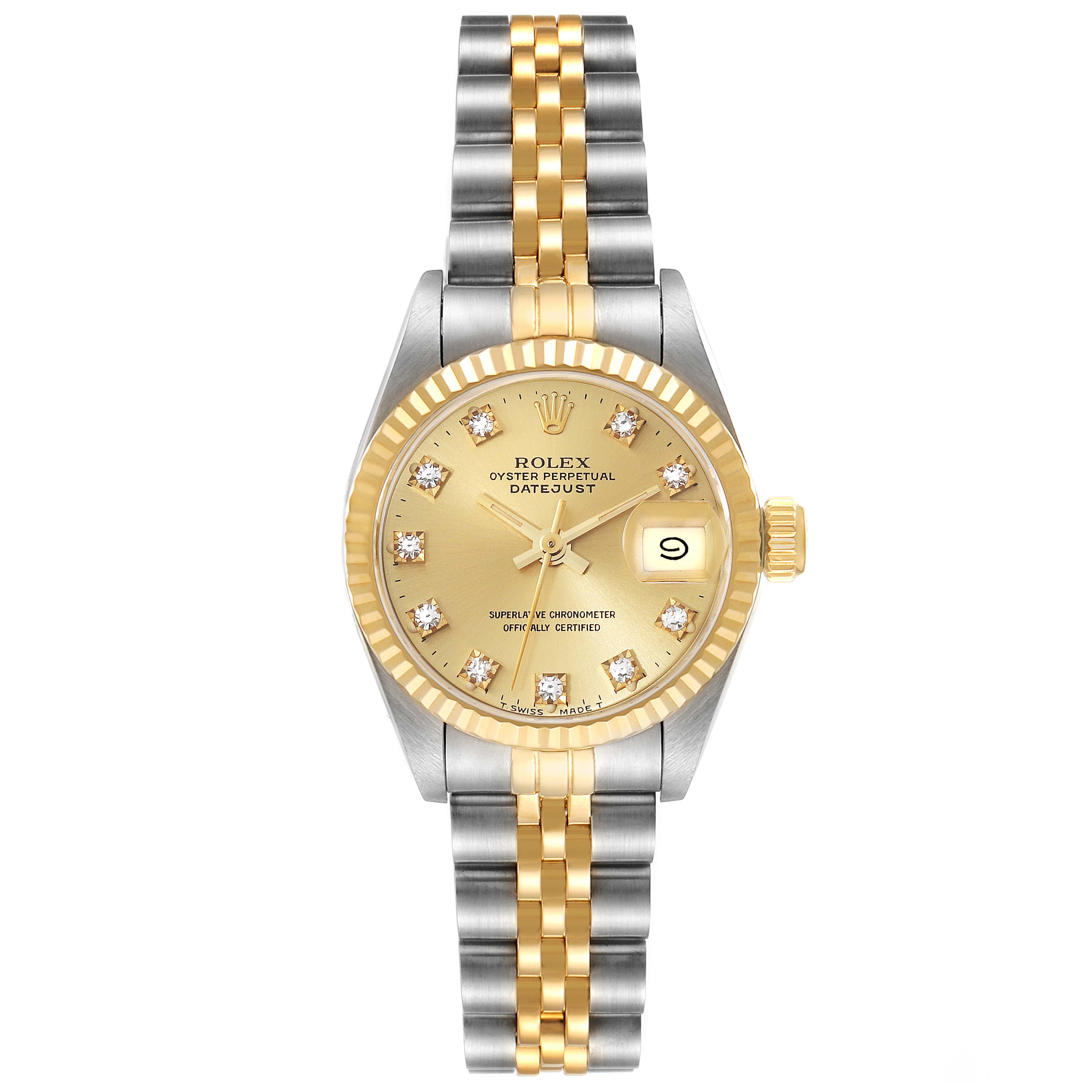 The image shows a front view of a Rolex Datejust 69173 Women's Steel and Gold (two tone) Champagne Dial 69173 Women's Steel and Gold (two tone) Champagne Dial watch with a gold and silver bracelet and a gold dial.