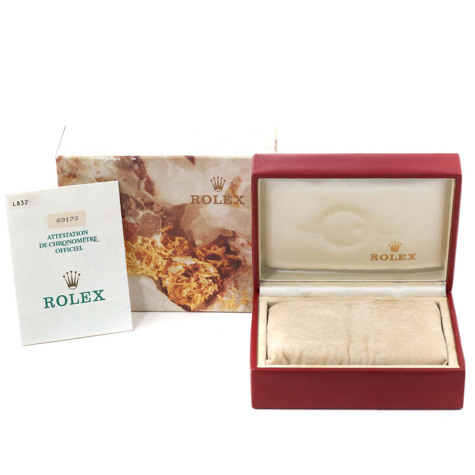 The image shows a box and documentation for a Rolex Datejust 69173 Women's Steel and Gold (two tone) Champagne Dial 69173 Women's Steel and Gold (two tone) Champagne Dial model watch, presented at a slight angle.