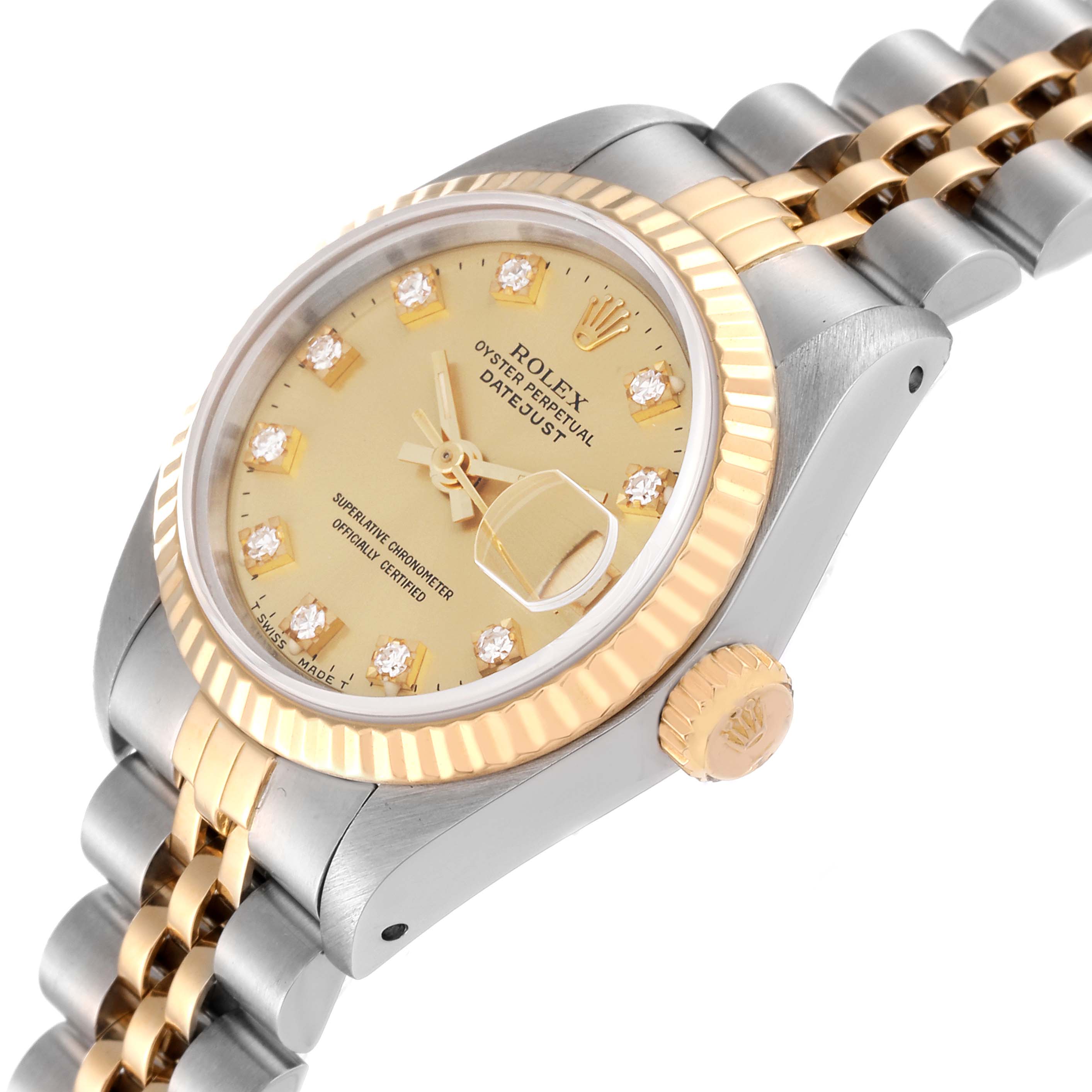 The image shows a close-up of a Rolex Datejust 69173 Women's Steel and Gold (two tone) Champagne Dial 69173 Women's Steel and Gold (two tone) Champagne Dial watch from a tilted angle, highlighting the dial, bezel, crown, and part of the bracelet.