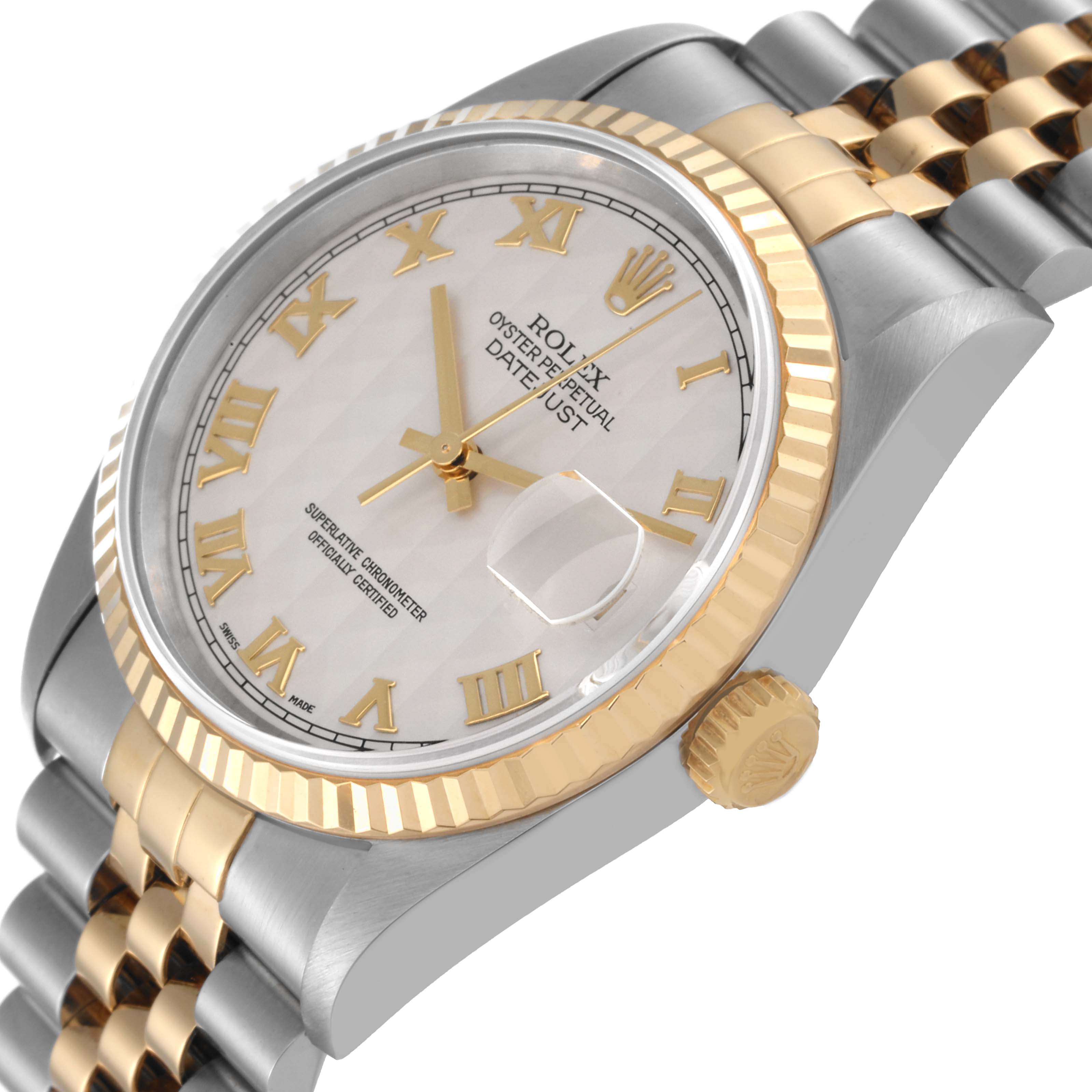 The image shows a side view angle of a Rolex Datejust 16233 Men's Steel and Gold (two tone) White Dial 16233 Men's Steel and Gold (two tone) White Dial, focusing on the dial, crown, and two-tone bracelet.