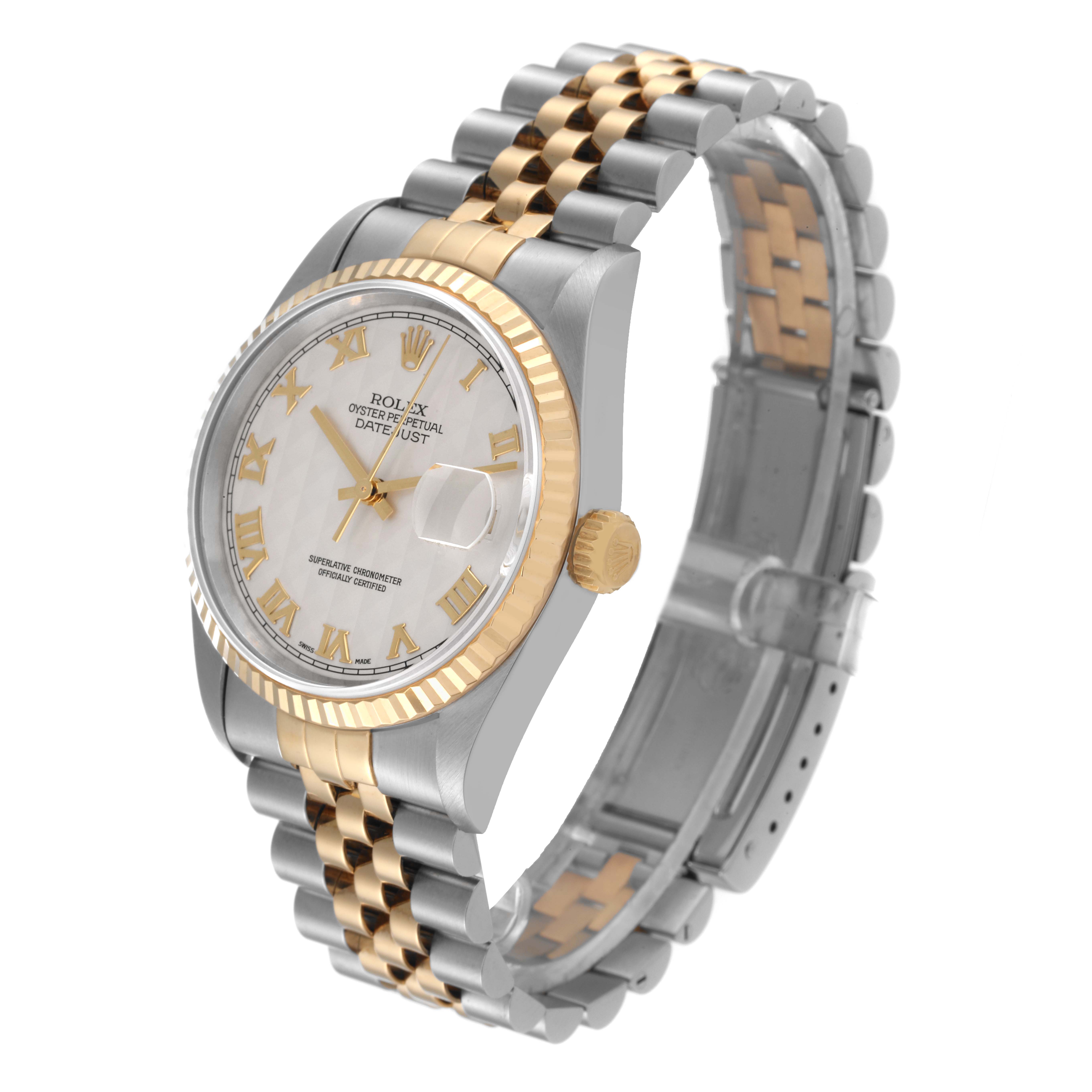 This Rolex Datejust 16233 Men's Steel and Gold (two tone) White Dial 16233 Men's Steel and Gold (two tone) White Dial watch is shown at an angle displaying its face, crown, fluted bezel, and two-tone bracelet.