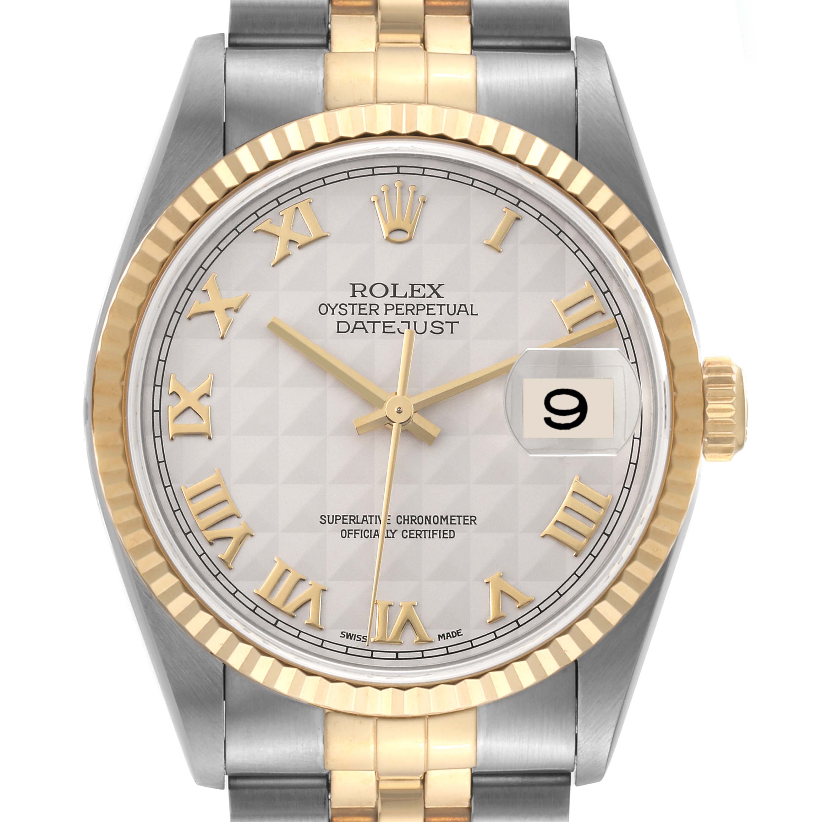The image shows the front view of a Rolex Datejust 16233 Men's Steel and Gold (two tone) White Dial 16233 Men's Steel and Gold (two tone) White Dial watch, highlighting its dial, hands, bezel, and bracelet.