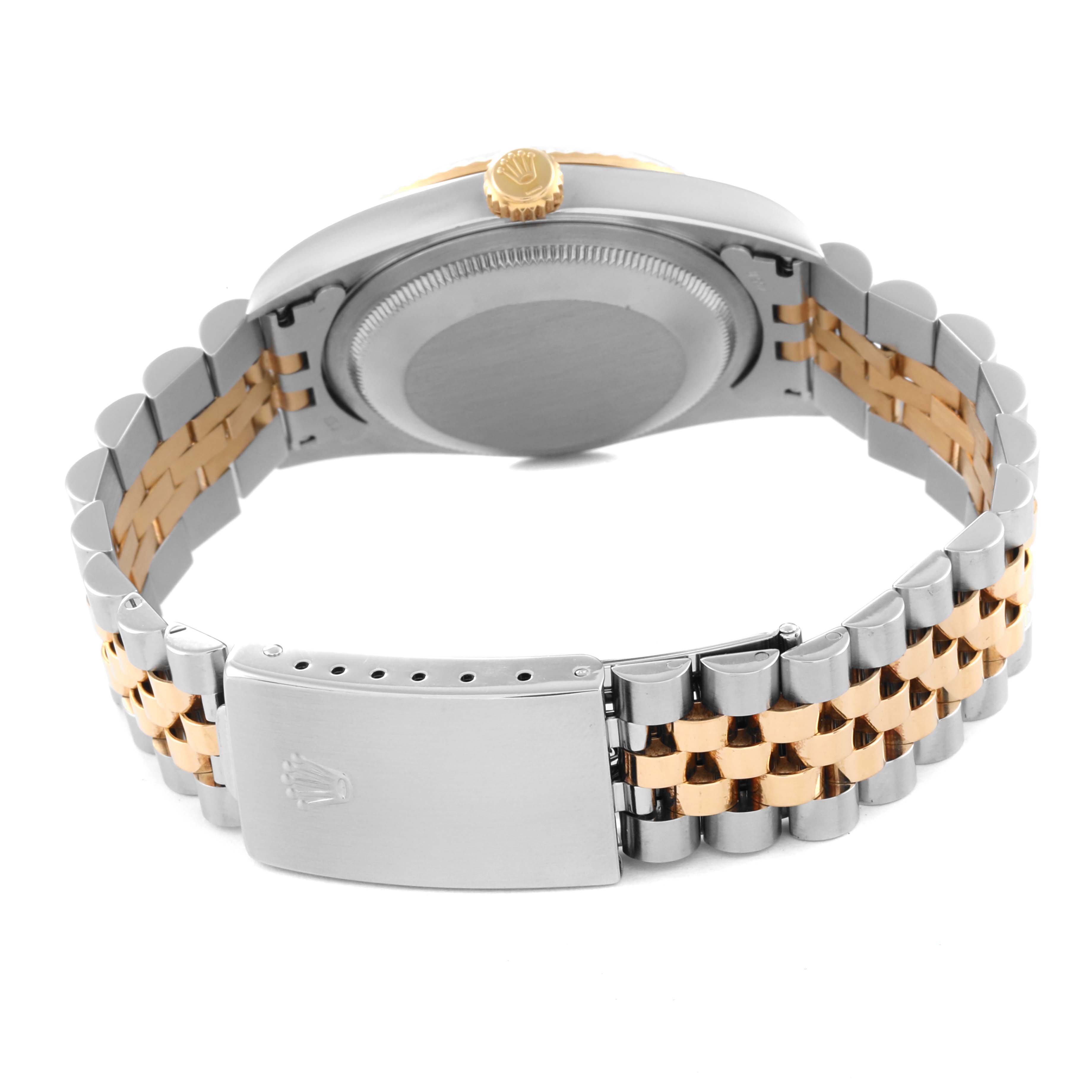 This image shows the back of a Rolex Datejust 16233 Men's Steel and Gold (two tone) White Dial 16233 Men's Steel and Gold (two tone) White Dial watch, highlighting its case, crown, and two-tone bracelet.