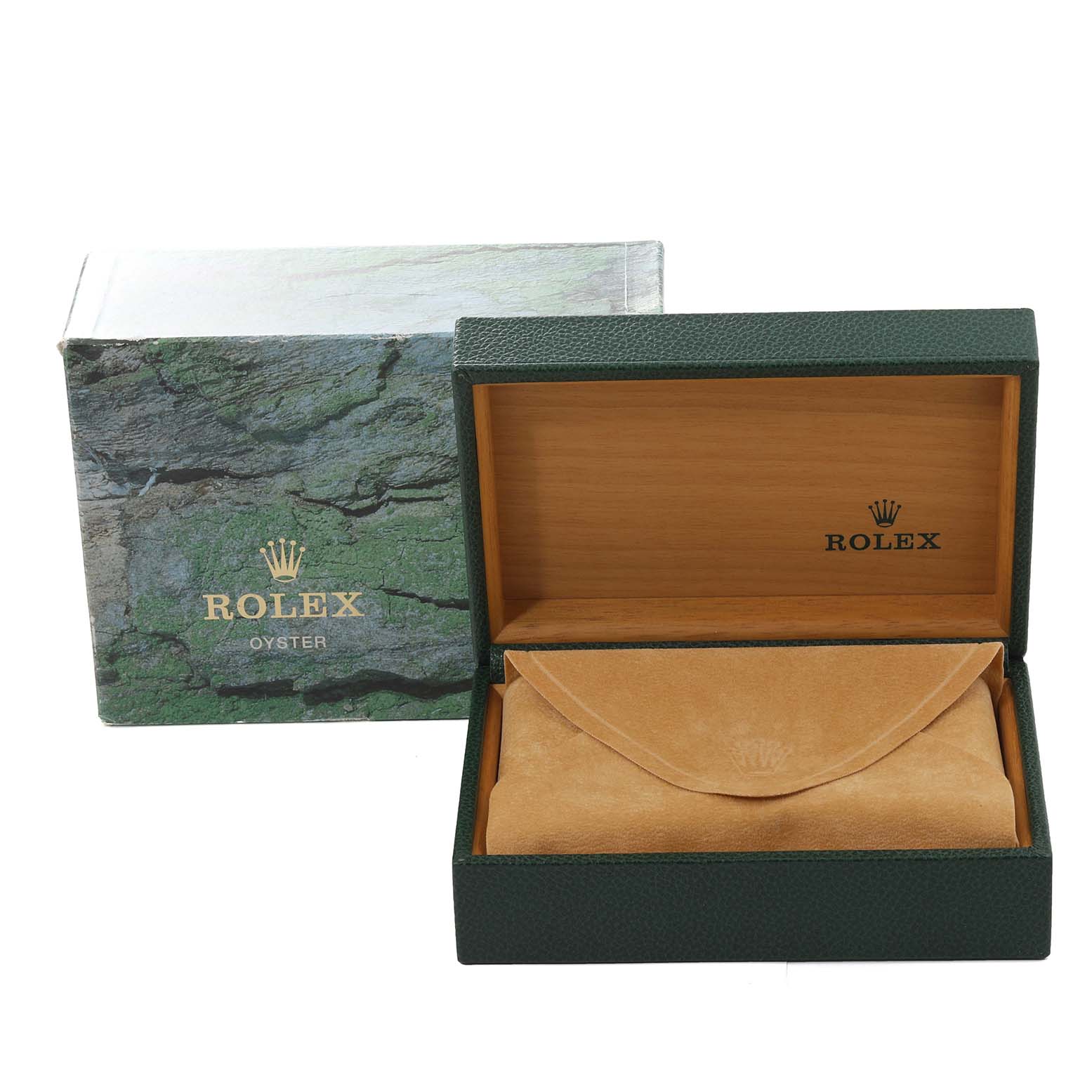 The image shows the packaging for a Rolex Datejust 16233 Men's Steel and Gold (two tone) White Dial 16233 Men's Steel and Gold (two tone) White Dial, including an open green and wooden box and a protective suede pouch.