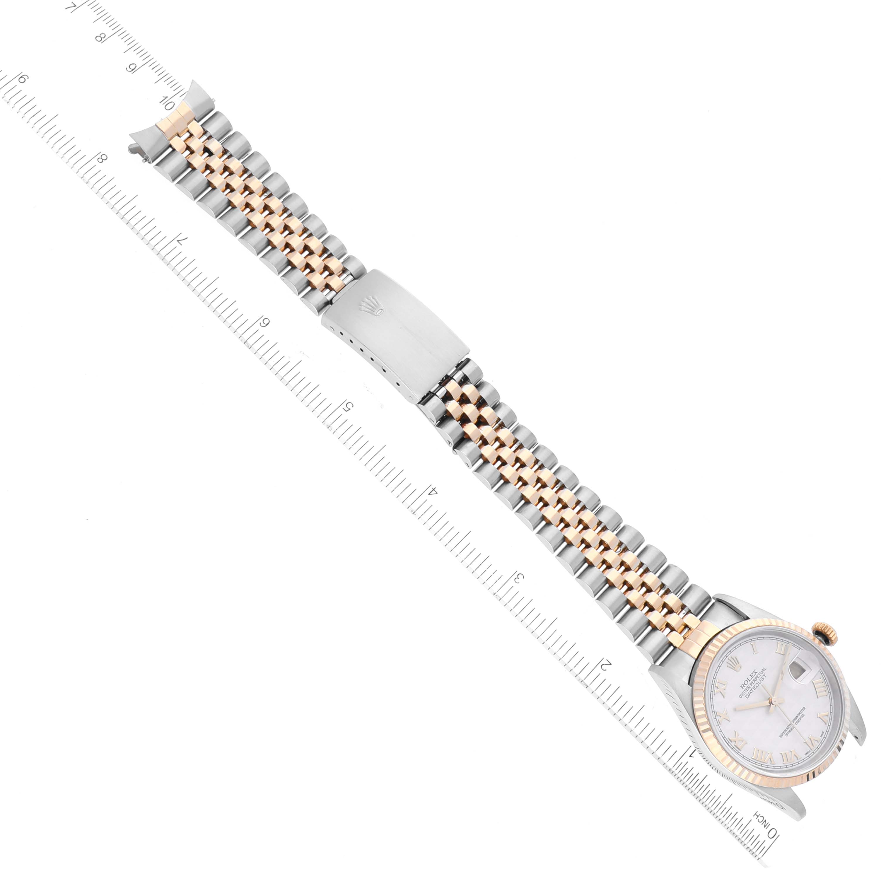 The image shows a top-down view of a Rolex Datejust 16233 Men's Steel and Gold (two tone) White Dial 16233 Men's Steel and Gold (two tone) White Dial watch, including the face, bezel, and stainless steel and gold jubilee bracelet.