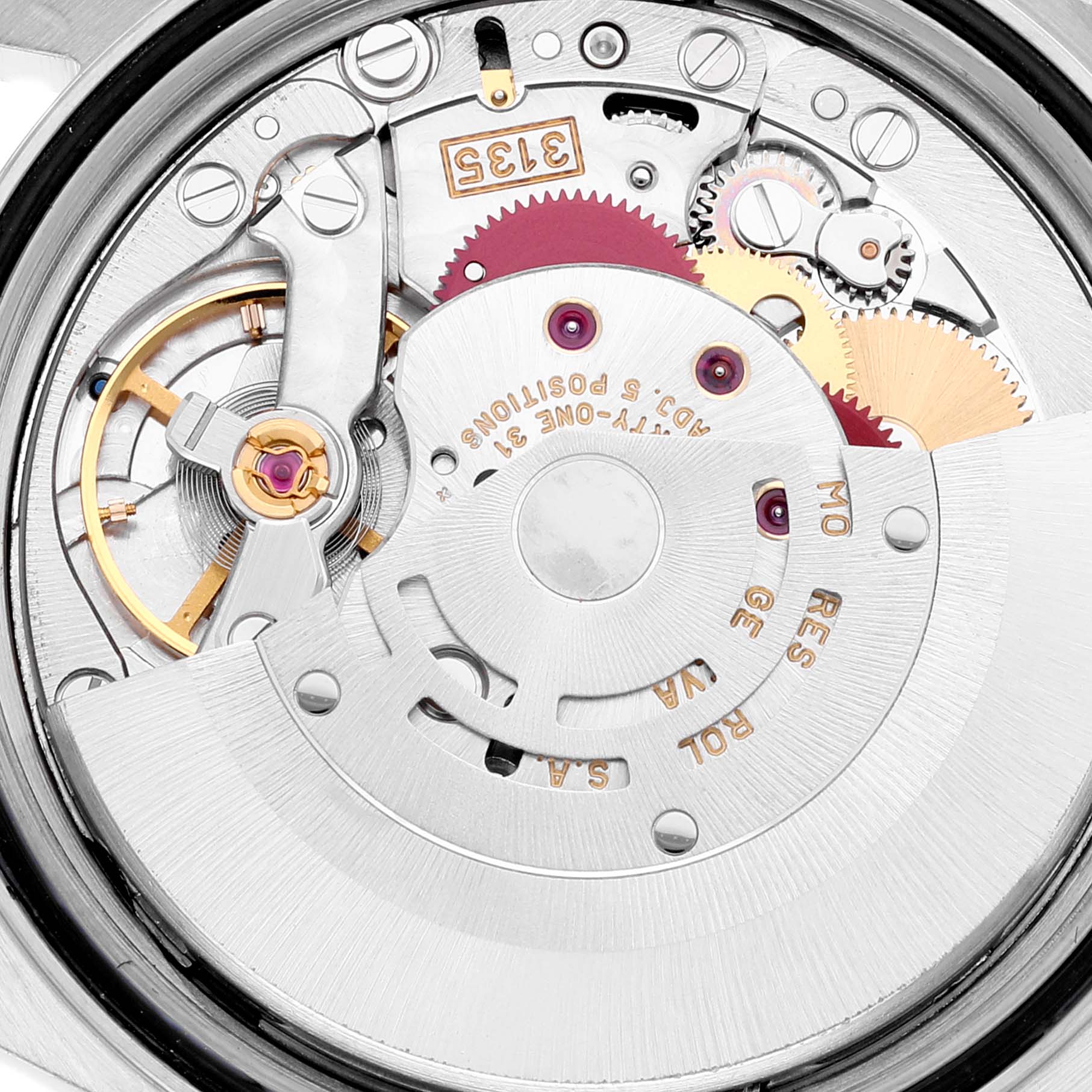 The image shows the internal mechanical movement of the Rolex Datejust 16233 Men's Steel and Gold (two tone) White Dial 16233 Men's Steel and Gold (two tone) White Dial watch, highlighting gears and intricate parts.