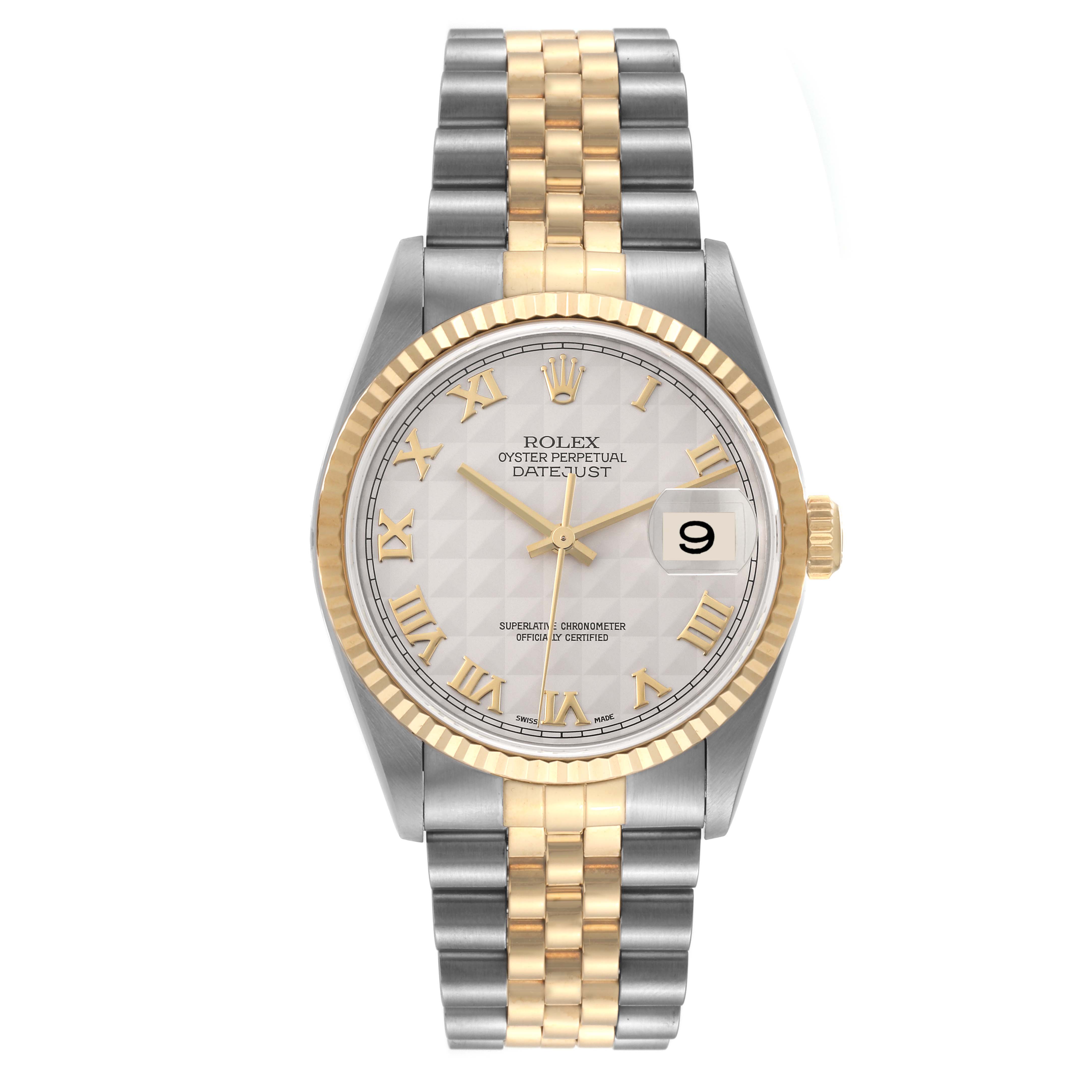 This image shows a frontal view of the Rolex Datejust 16233 Men's Steel and Gold (two tone) White Dial 16233 Men's Steel and Gold (two tone) White Dial watch, highlighting the dial, bezel, and two-tone bracelet.