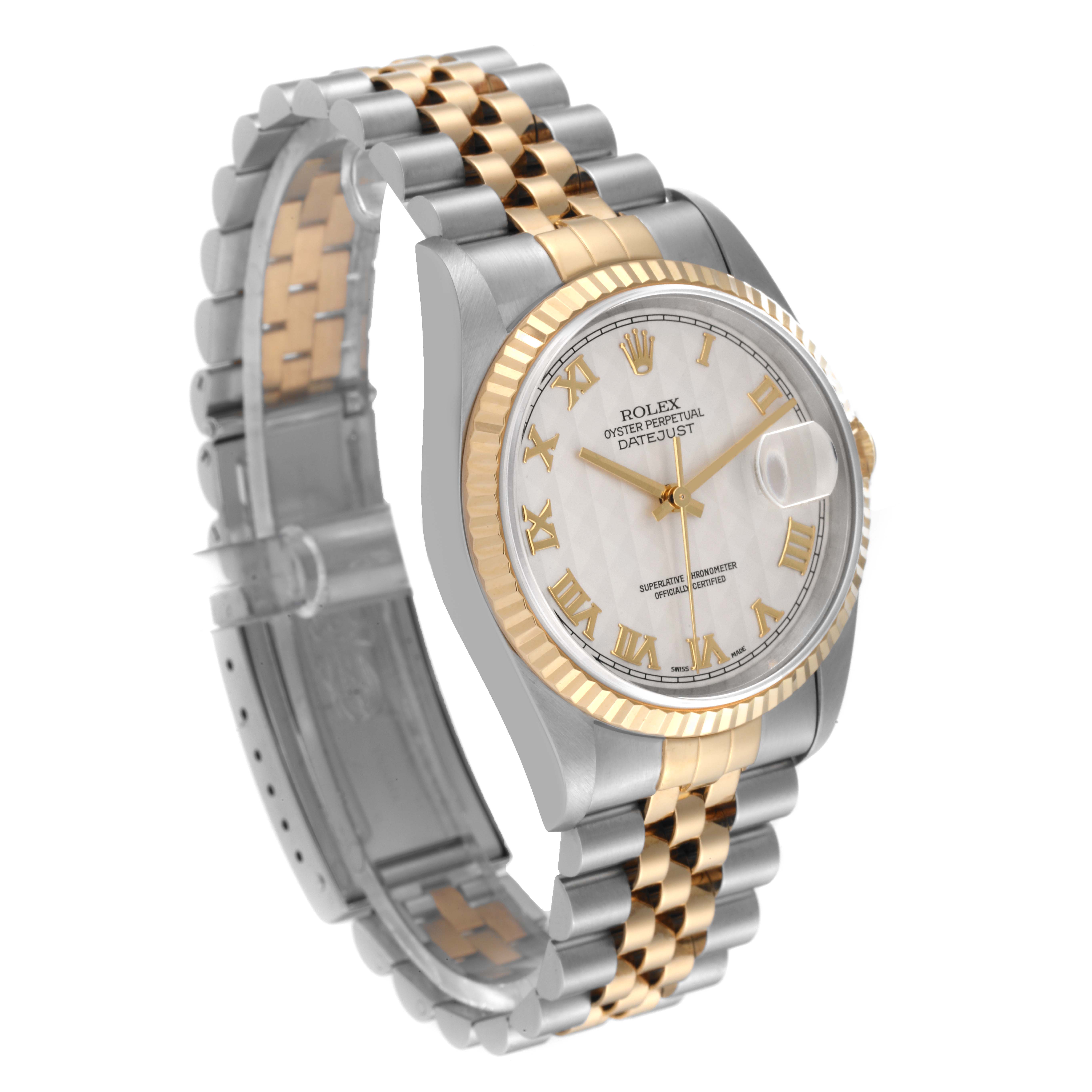 The Rolex Datejust 16233 Men's Steel and Gold (two tone) White Dial 16233 Men's Steel and Gold (two tone) White Dial watch is shown at a three-quarter angle, highlighting its two-tone bracelet, dial, and fluted bezel.