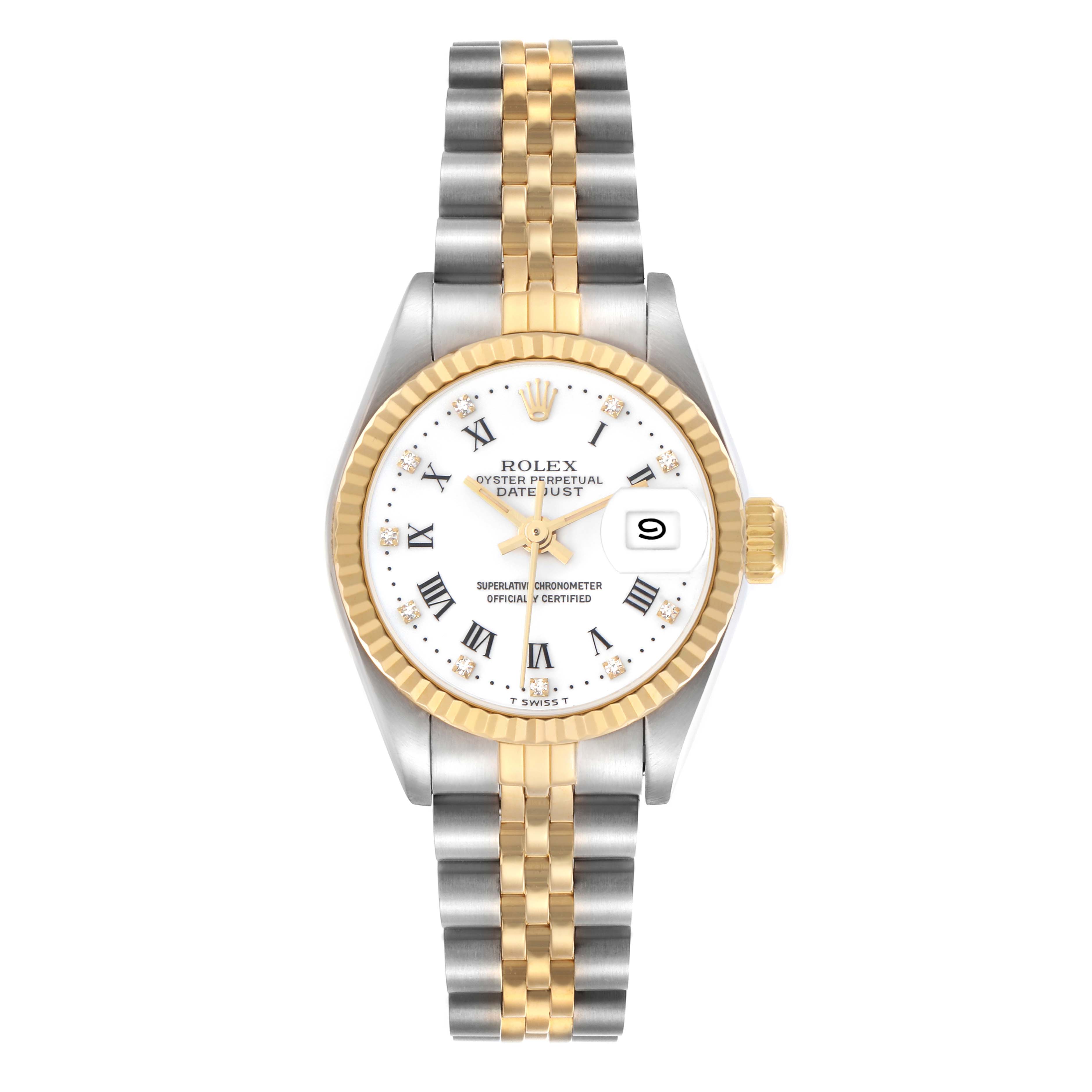 The Rolex Datejust 69173 Women
s Steel and Gold (two tone) White Dial 69173 Women
s Steel and Gold (two tone) White Dial watch is shown from the front, displaying the dial, fluted bezel, crown, and jubilee bracelet.