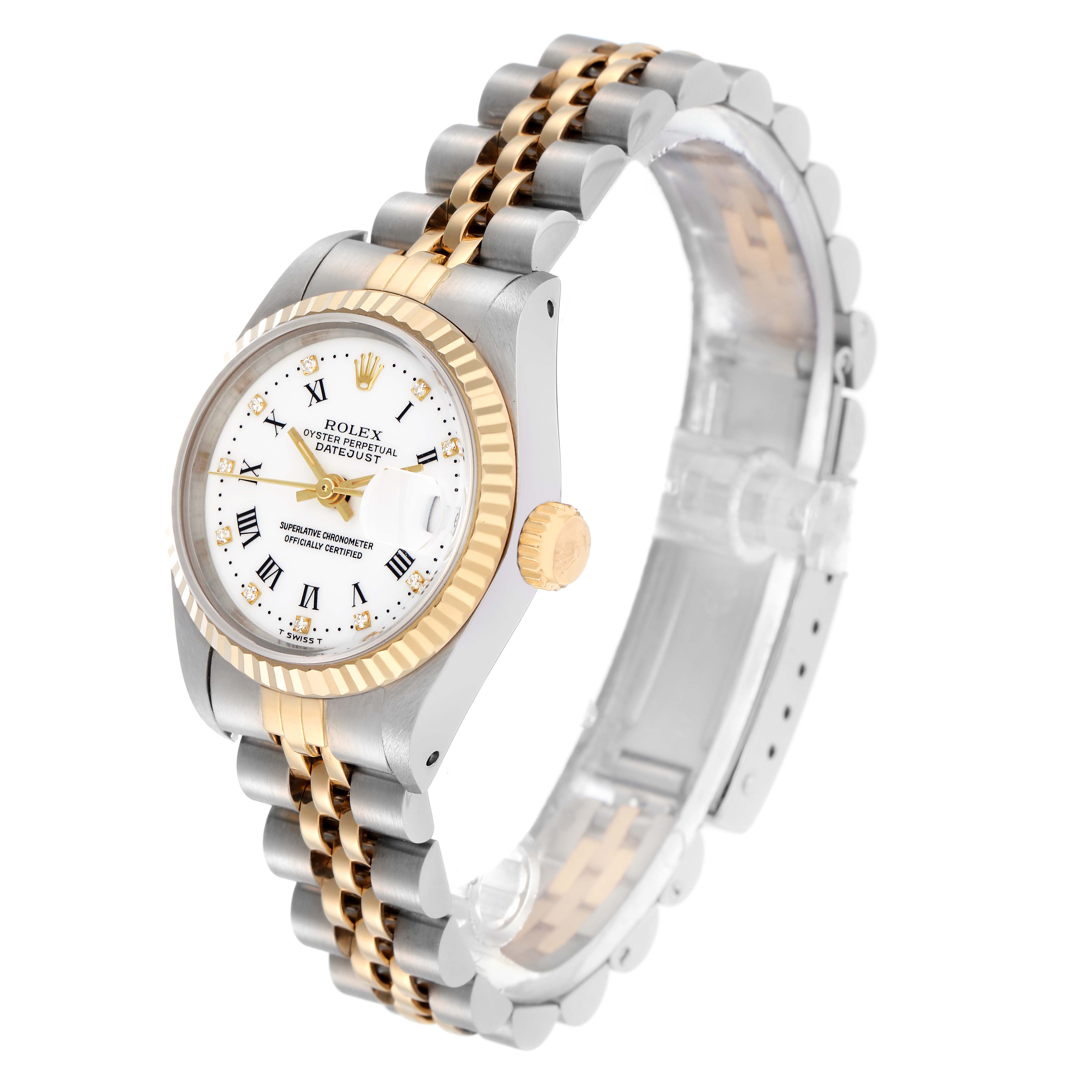 The Rolex Datejust 69173 Women
s Steel and Gold (two tone) White Dial 69173 Women
s Steel and Gold (two tone) White Dial watch is shown at a slight angle, highlighting the bezel, dial, crown, and bracelet.